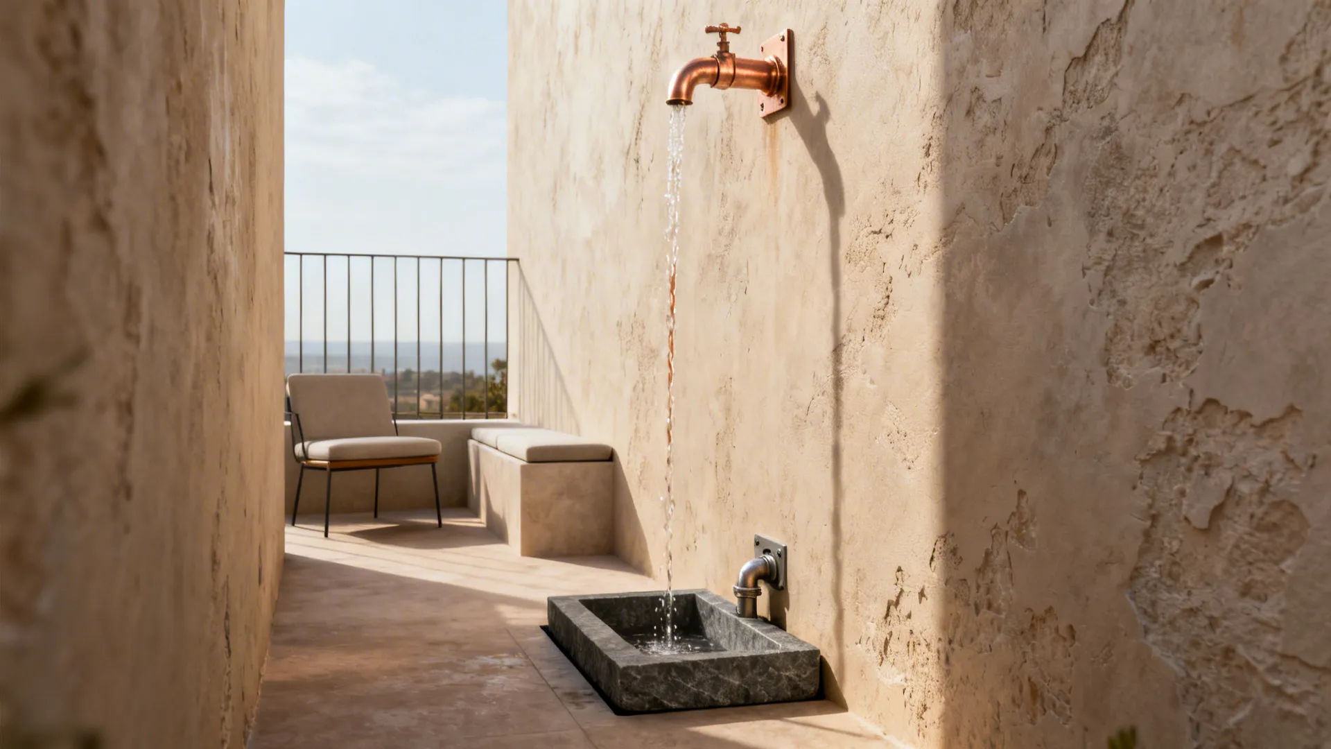 Narrow terrace with a copper wall-mounted spout flowing into a slate basin.