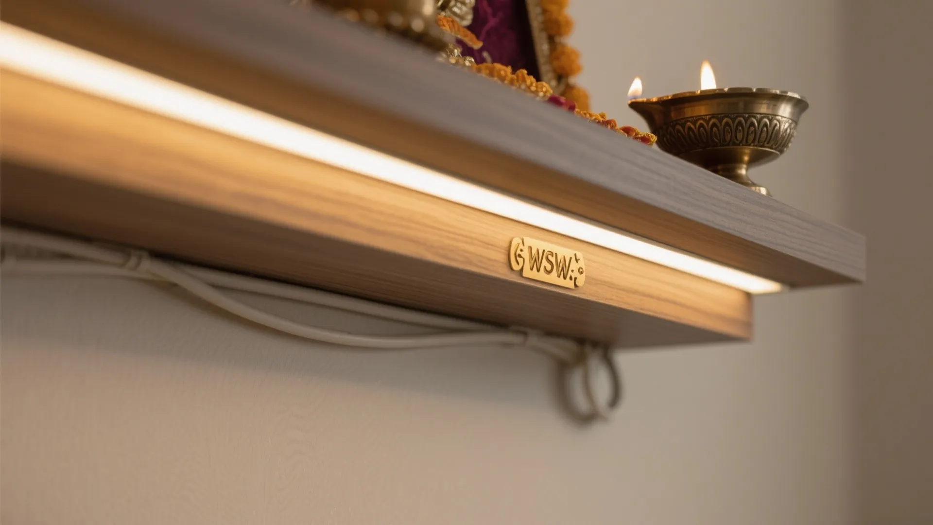 Under shelf view showing warm light strip built into wood paneling with gold metal detail