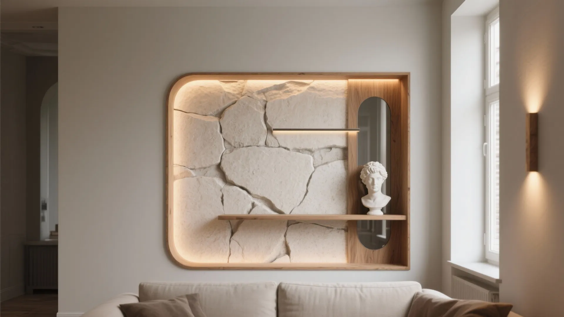 Modern living room with wood wall shelf featuring stone texture a statue and warm light