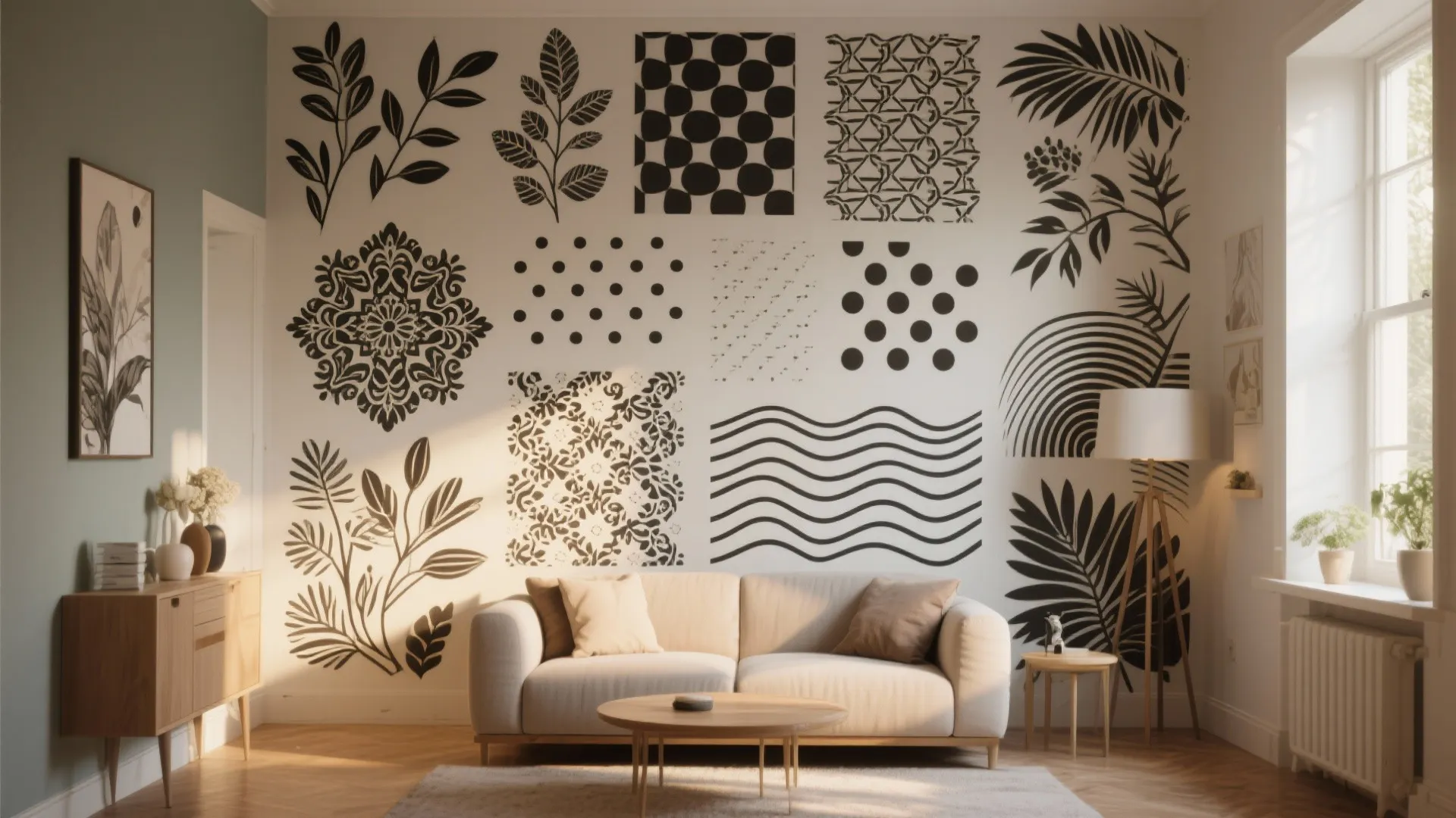 Living room with white sofa and wall featuring various black stencil patterns such as leaf shapes