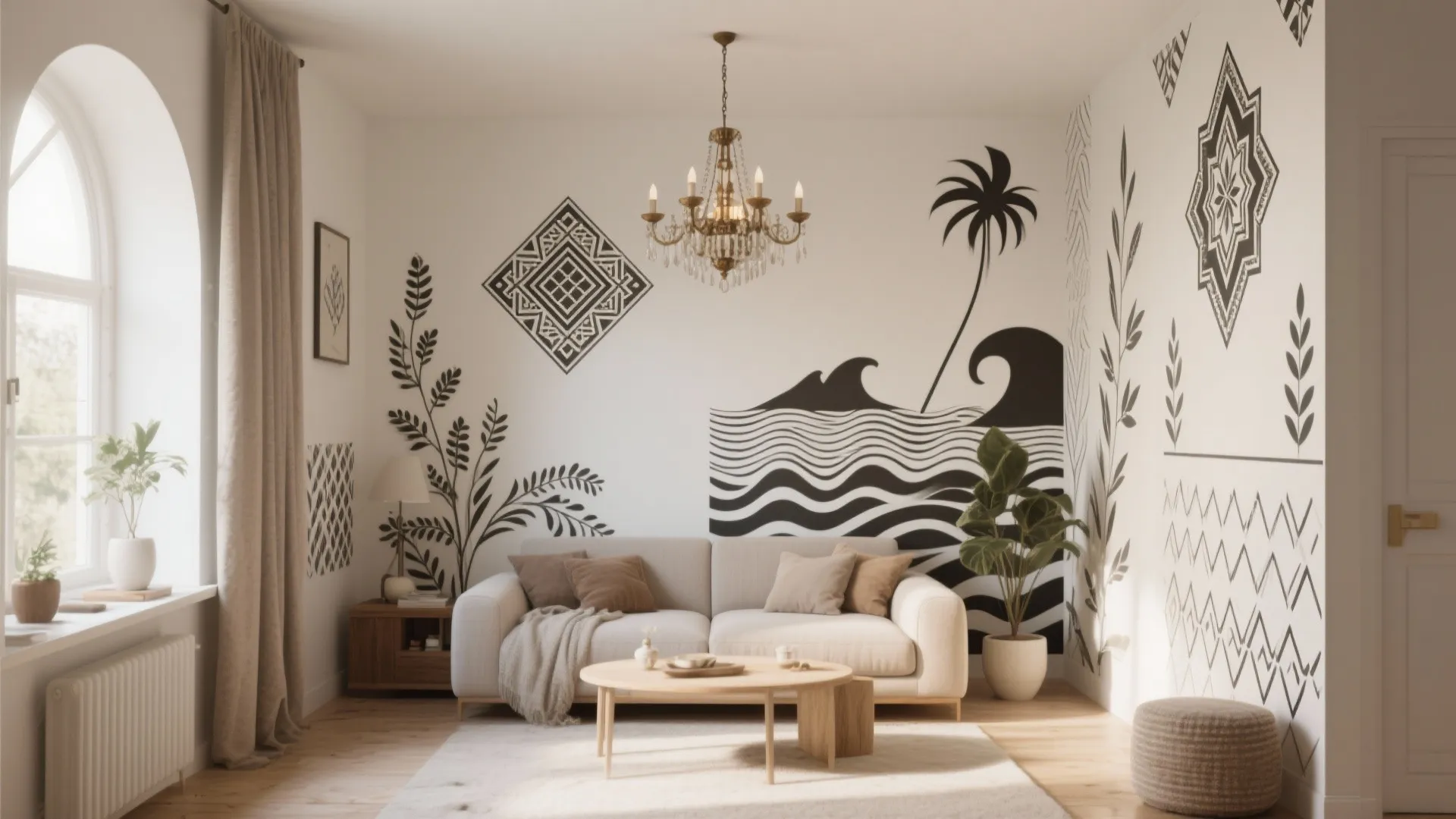 Living room with white sofa wooden coffee table ceiling light black wall art and footrest