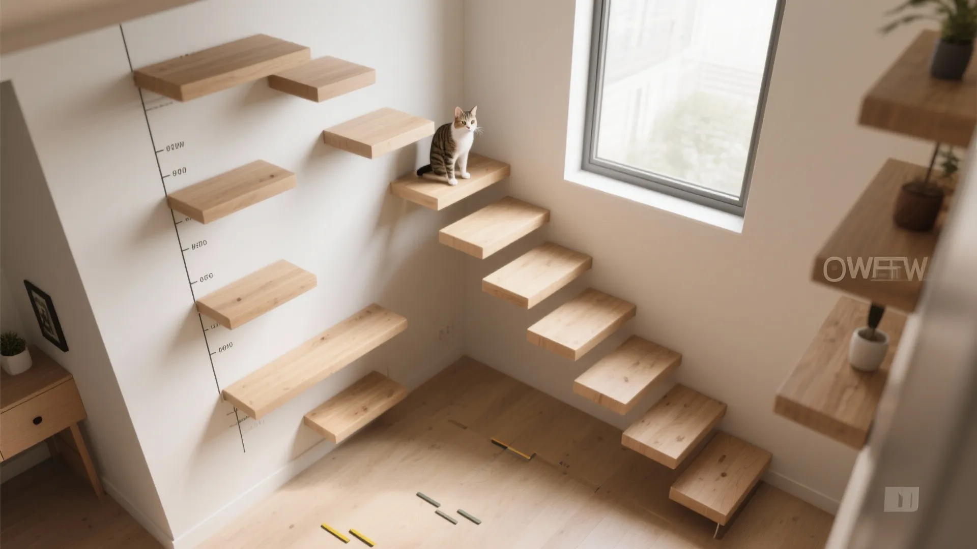 Modern wood floating wall steps with a cat sitting on a step near a window