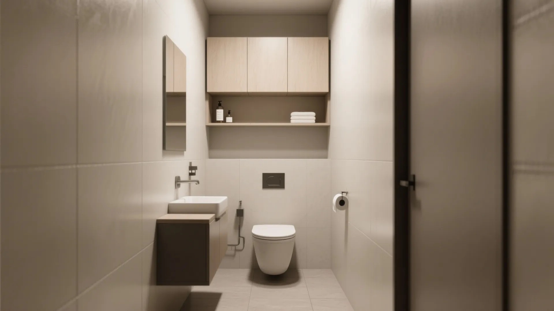 Small modern bathroom with a white toilet wooden wall cabinet sink and warm ambient lighting