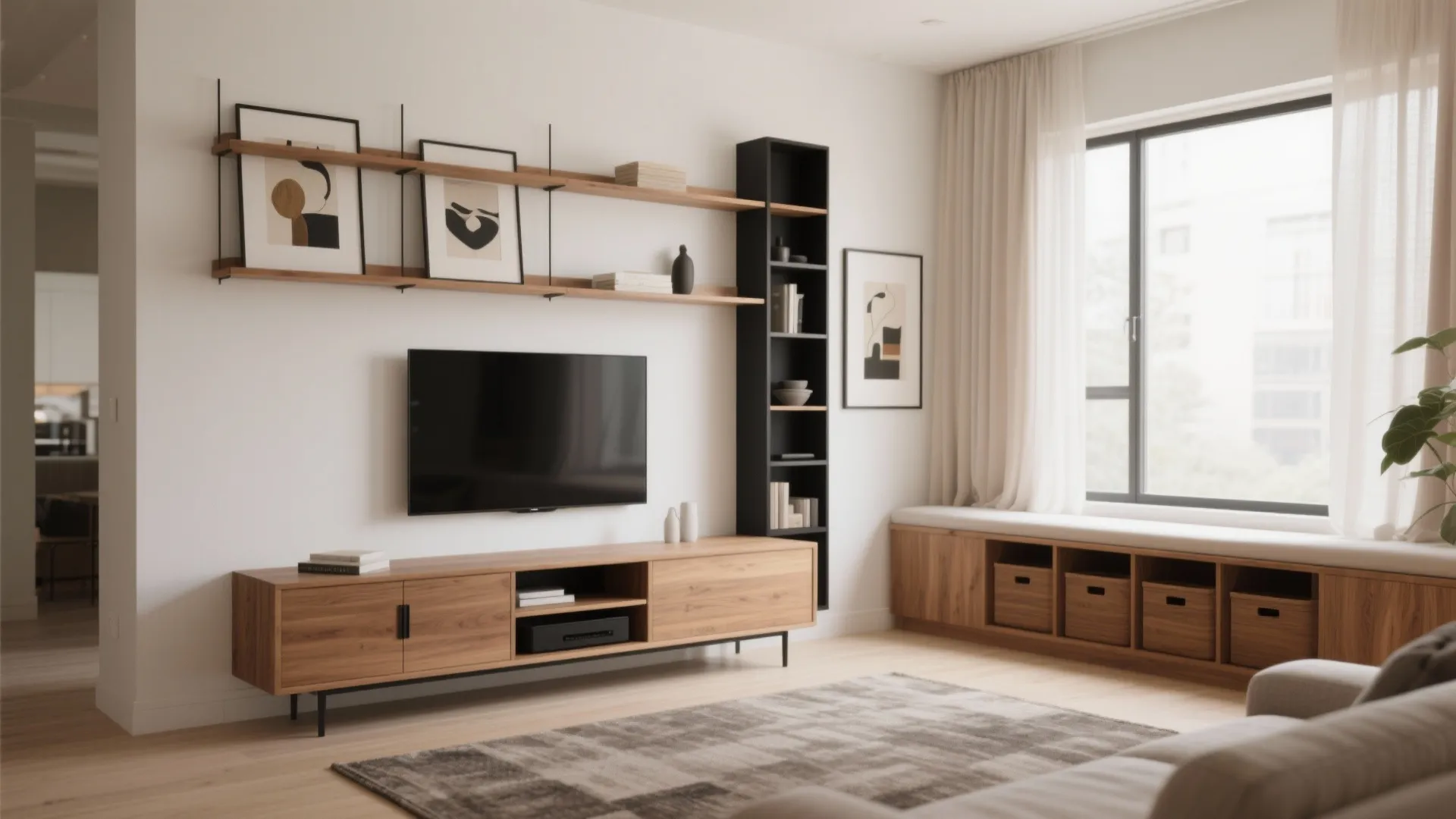 Living room wall featuring wooden cabinet black shelving unit wall shelves and large window seat