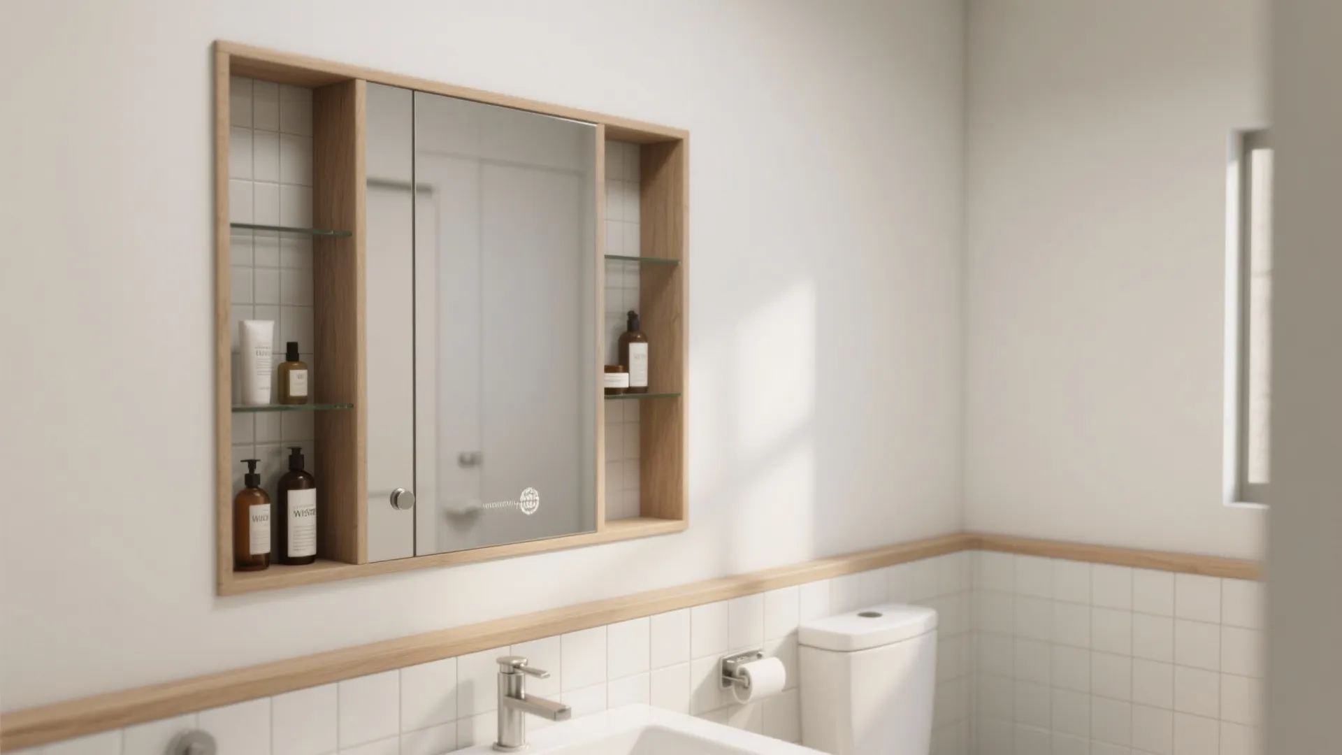 Wooden wall cabinet with mirror and glass shelves holding bottles above white sink and toilet
