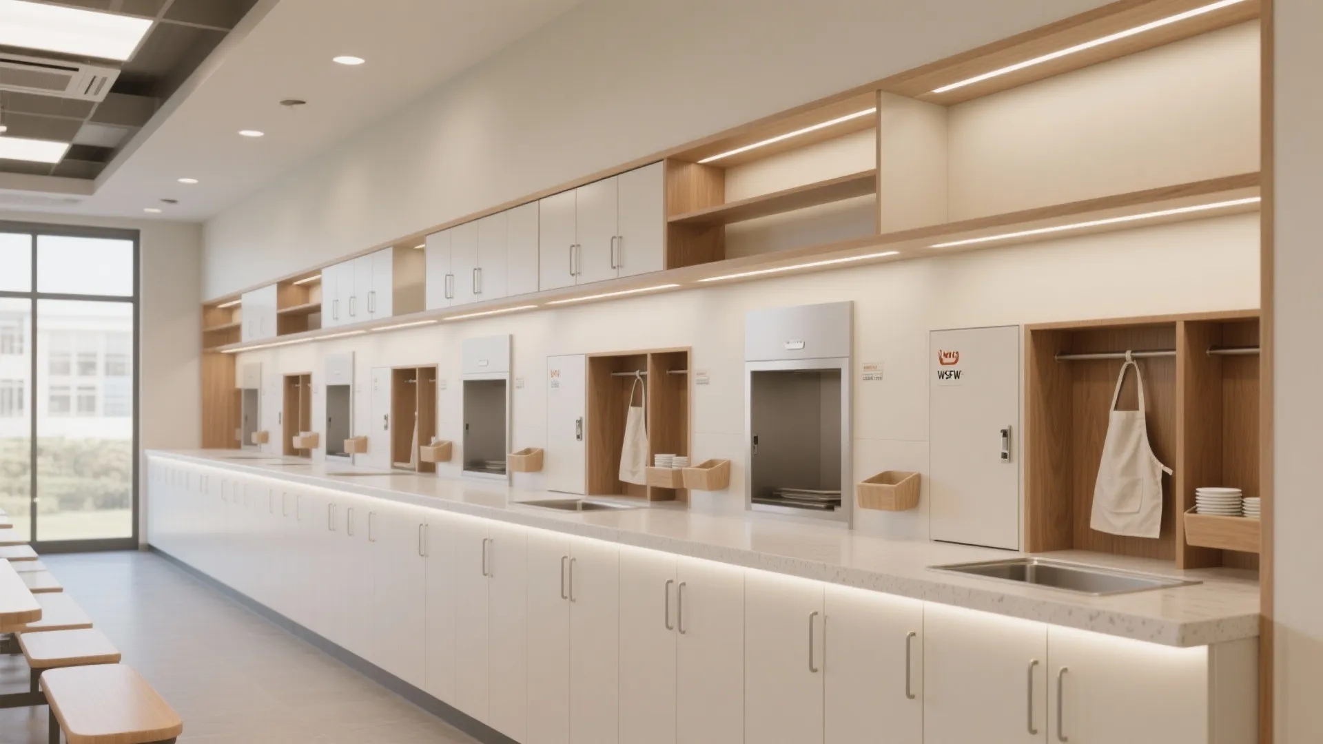 Long white storage cabinet with wood shelves and built-in light fixture in a clean room