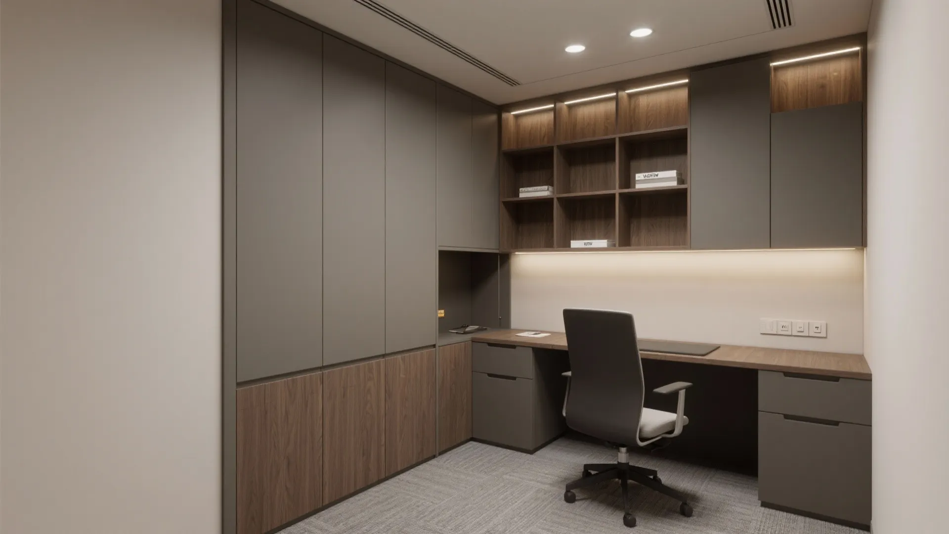 Modern home office with grey cabinets wooden shelves a brown desk and a black chair