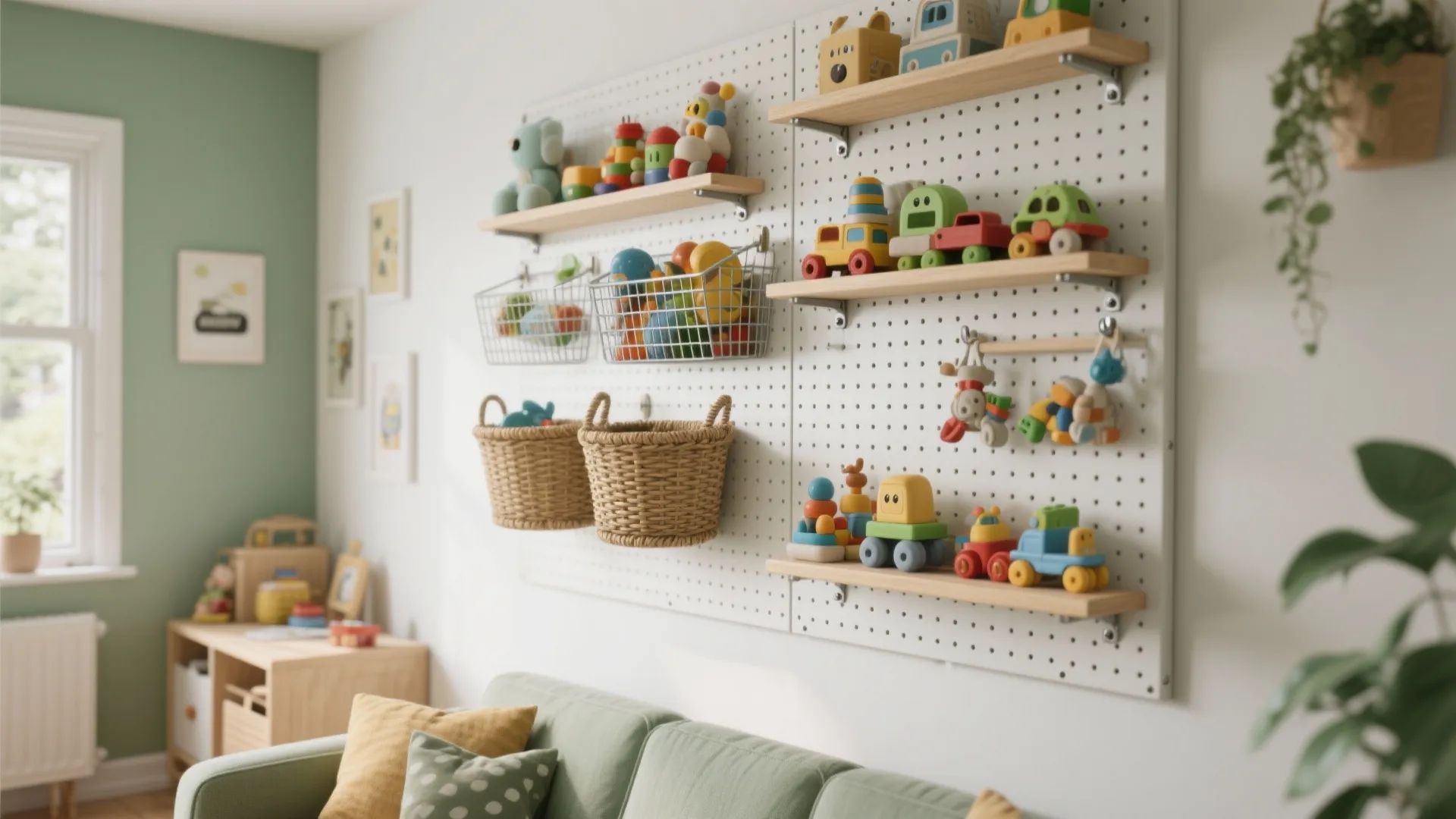 White wall storage with wooden shelves and baskets holding various colorful toy cars and blocks