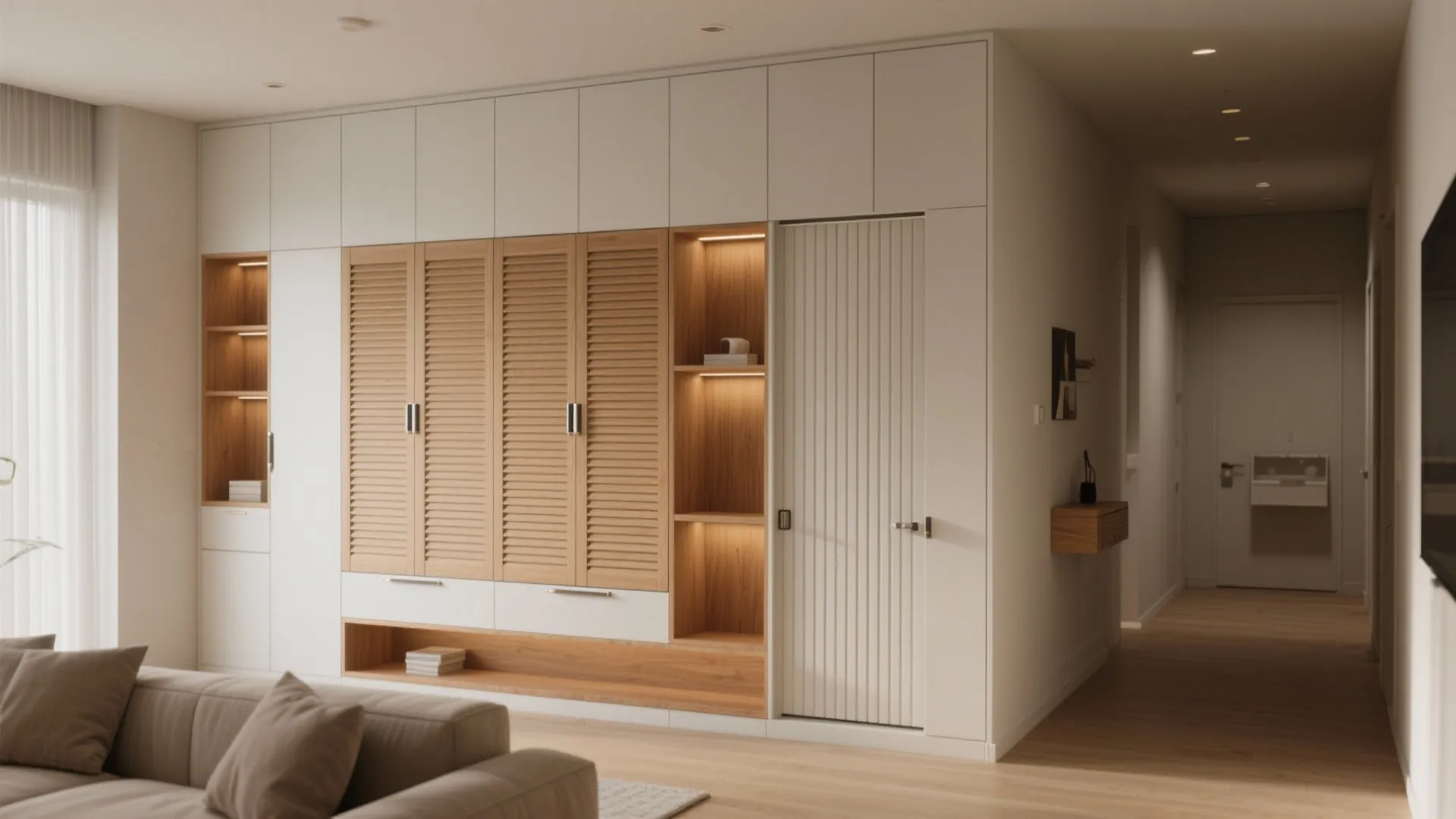 Large white custom wall cabinet with wooden shelves built in lighting and matching living room furniture