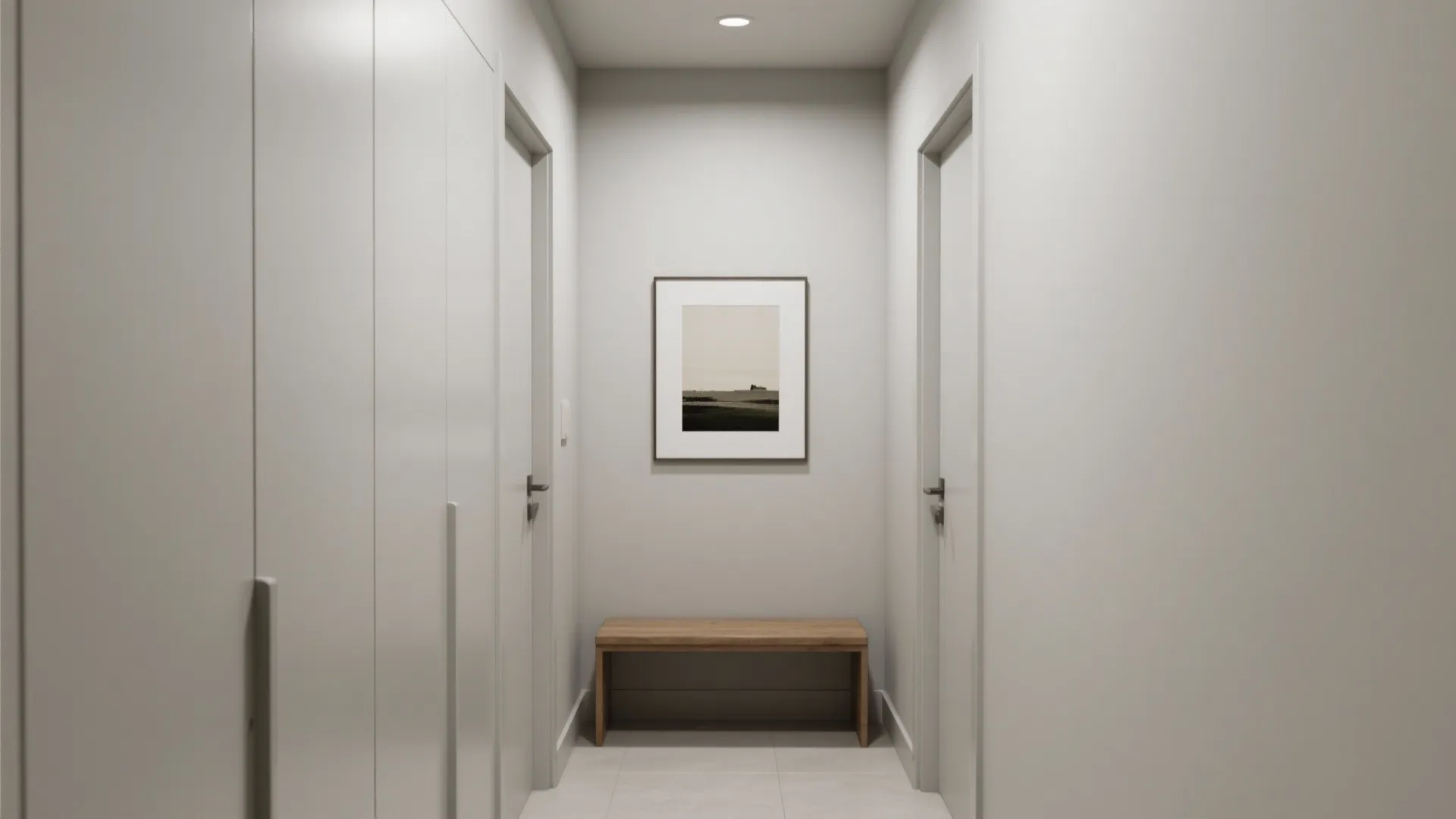 Minimalist flush wall cabinets in a small hall with a centered slim bench and single artwork.