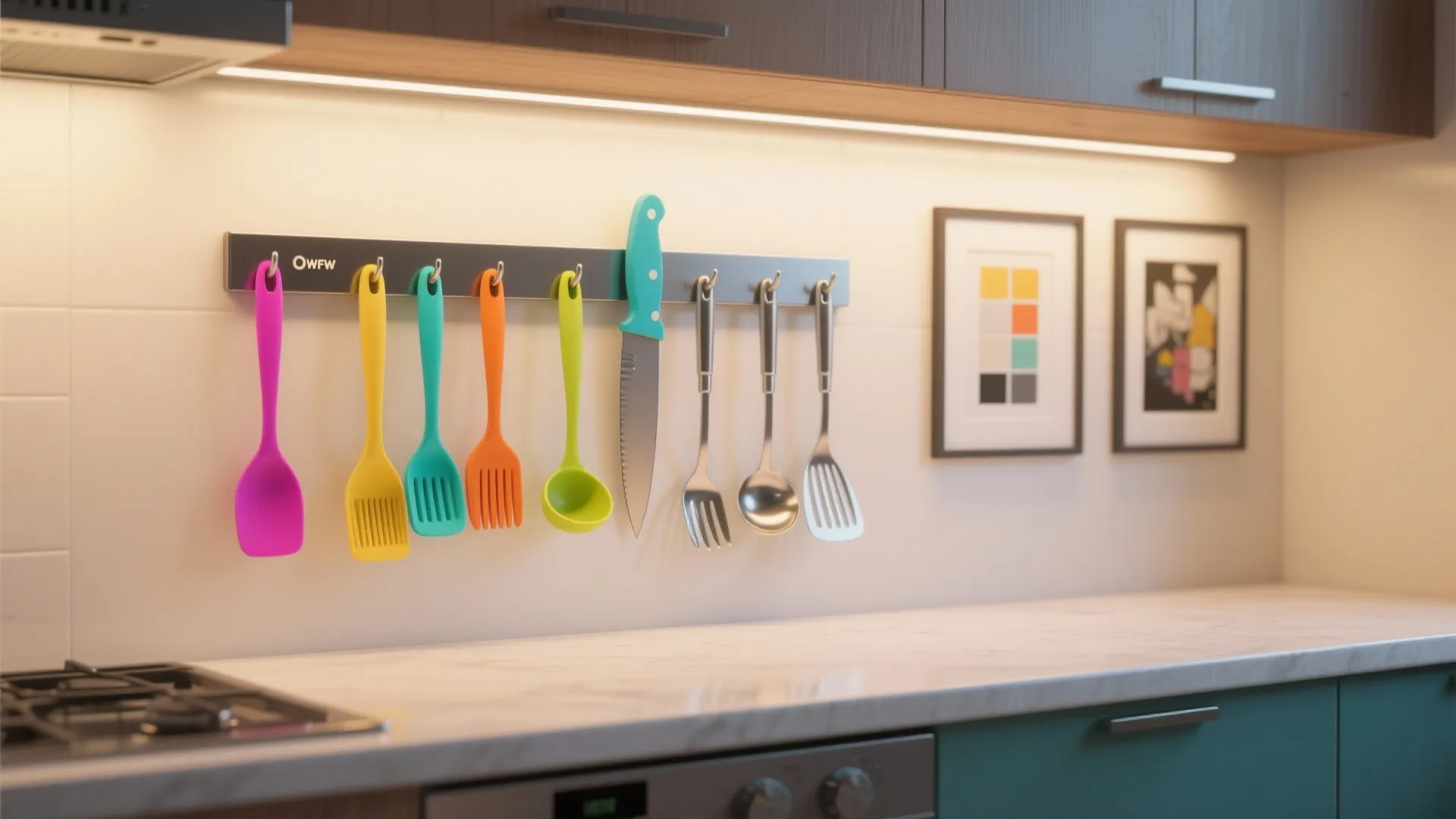 Kitchen wall with colorful cooking tools hanging on a rack above a white marble effect counter