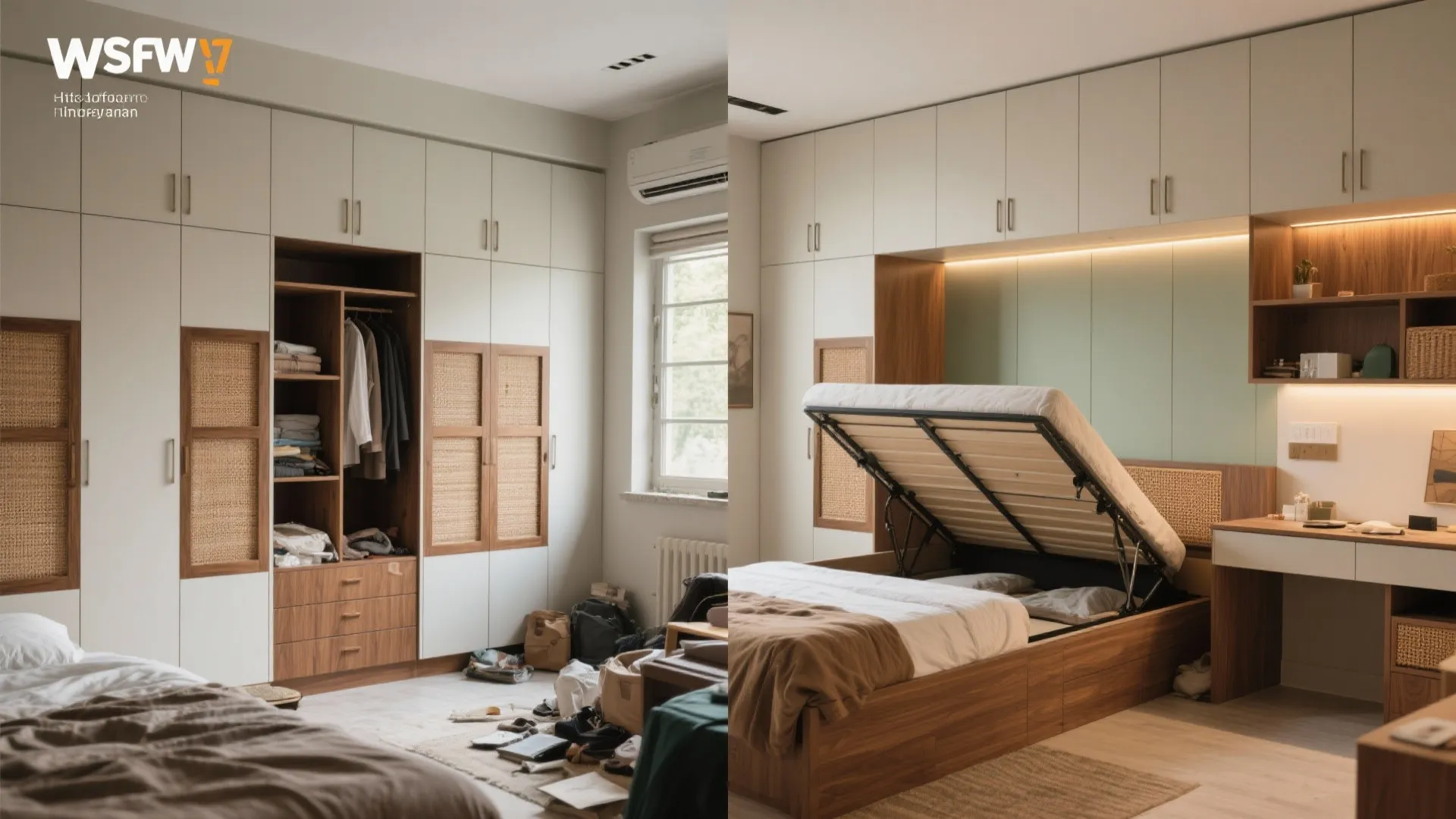 Wall-to-wall storage and lift-up beds that hide a ton
