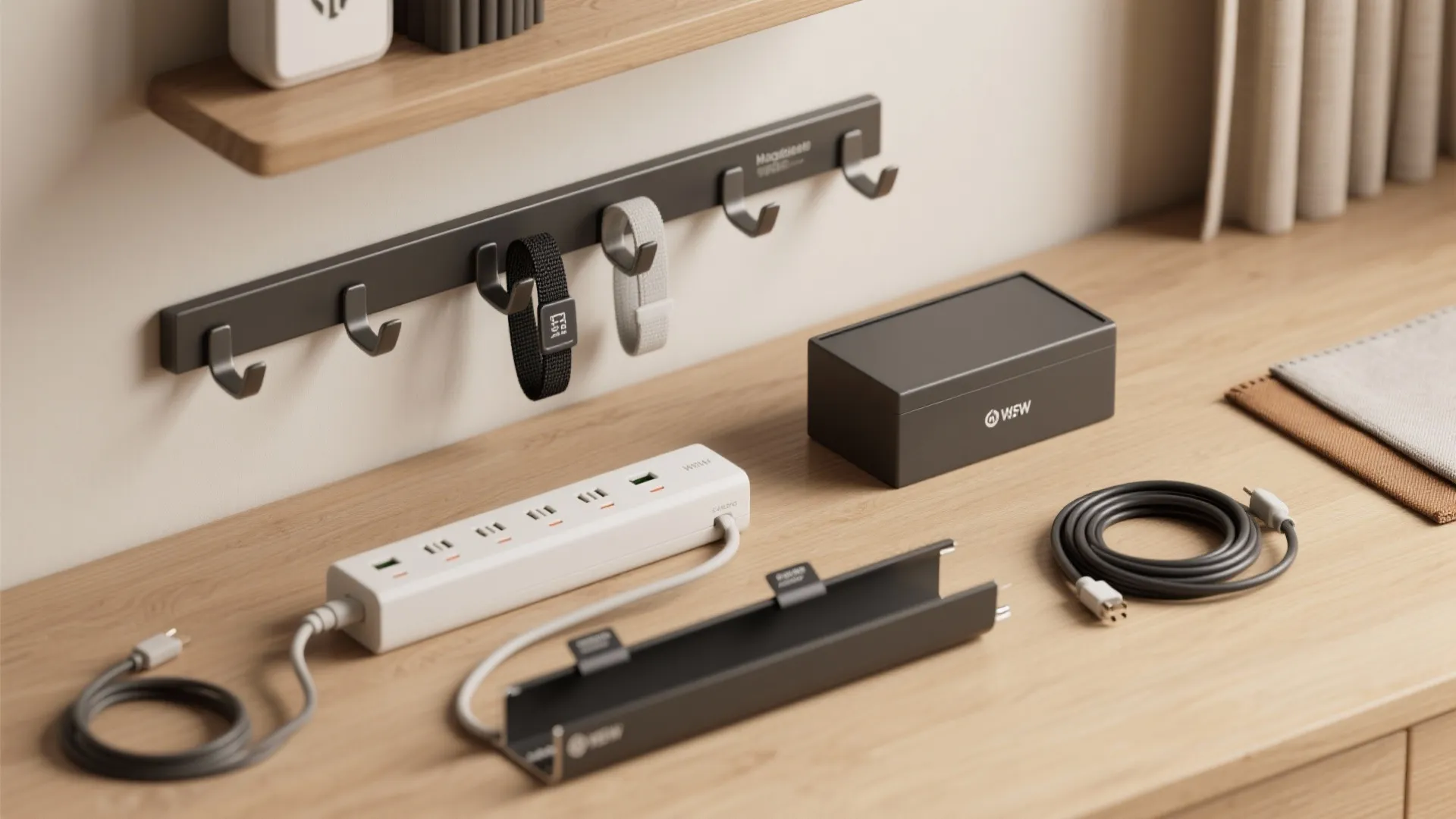 Wooden desk surface with white power strip, black storage box, cables, and wall storage hooks