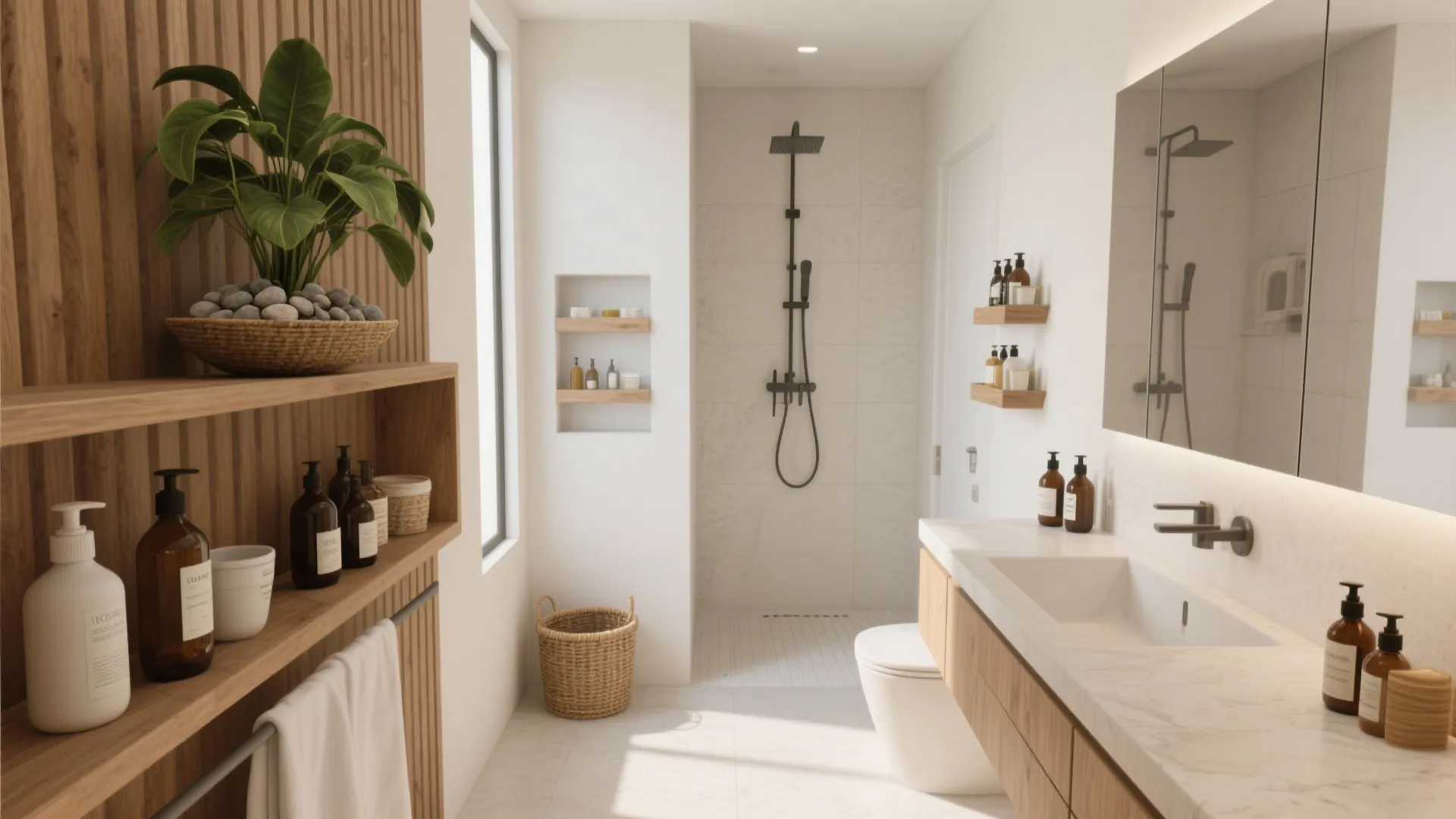 Bathroom with wall-mounted organizers and recessed niche keeping products off the floor to reduce insect habitats.
