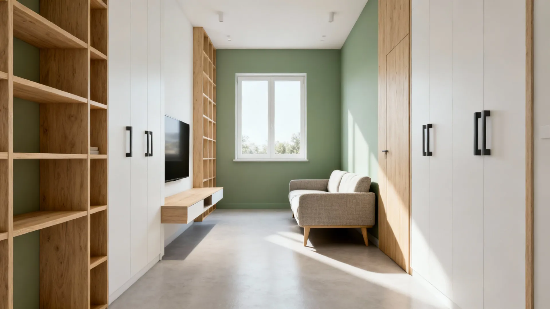 Narrow living room featuring wall-mounted storage and a slim sectional to maximize floor space.