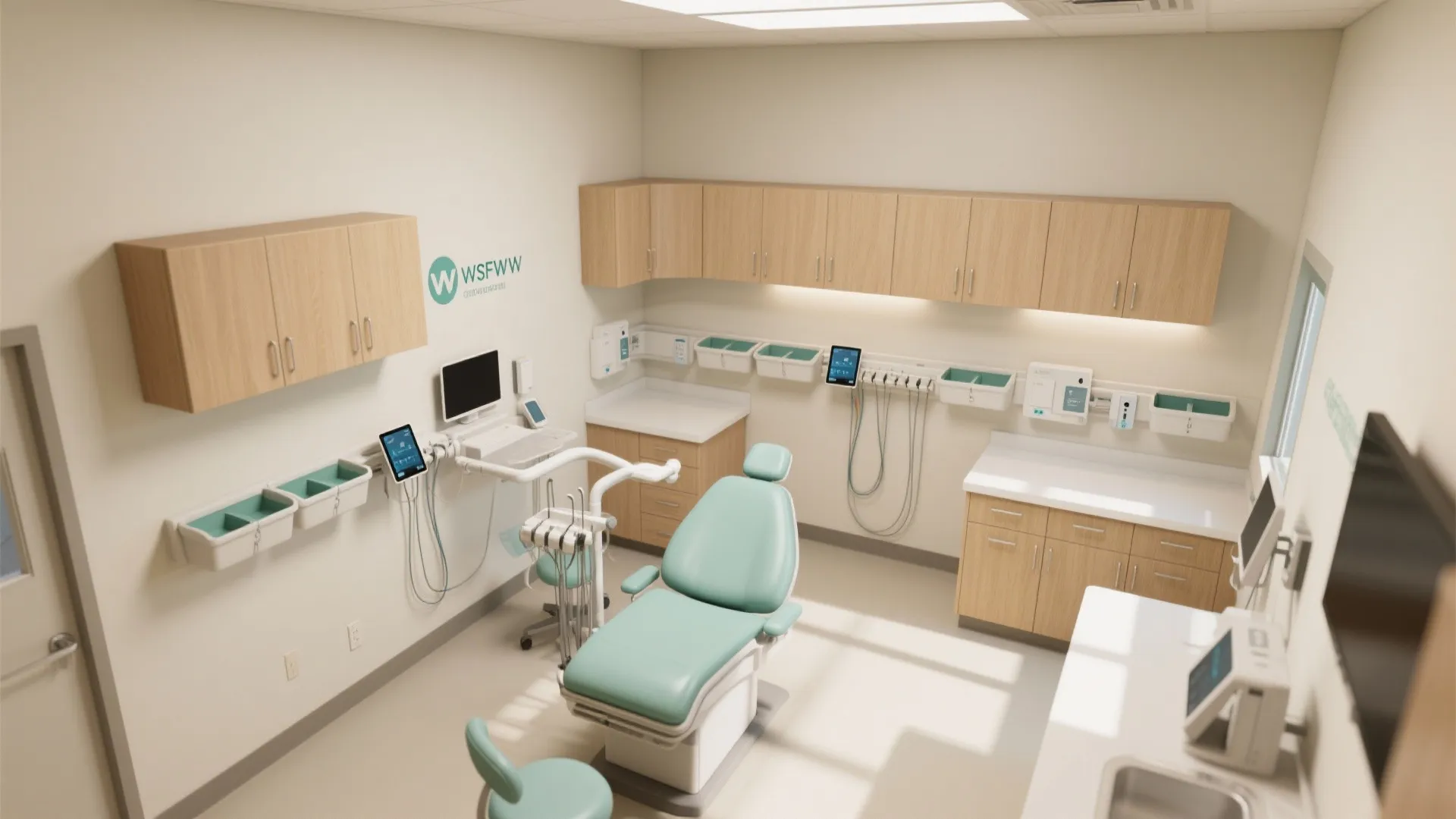 Modern dental office interior design drawing with teal chair wooden cabinets and bright light fixtures