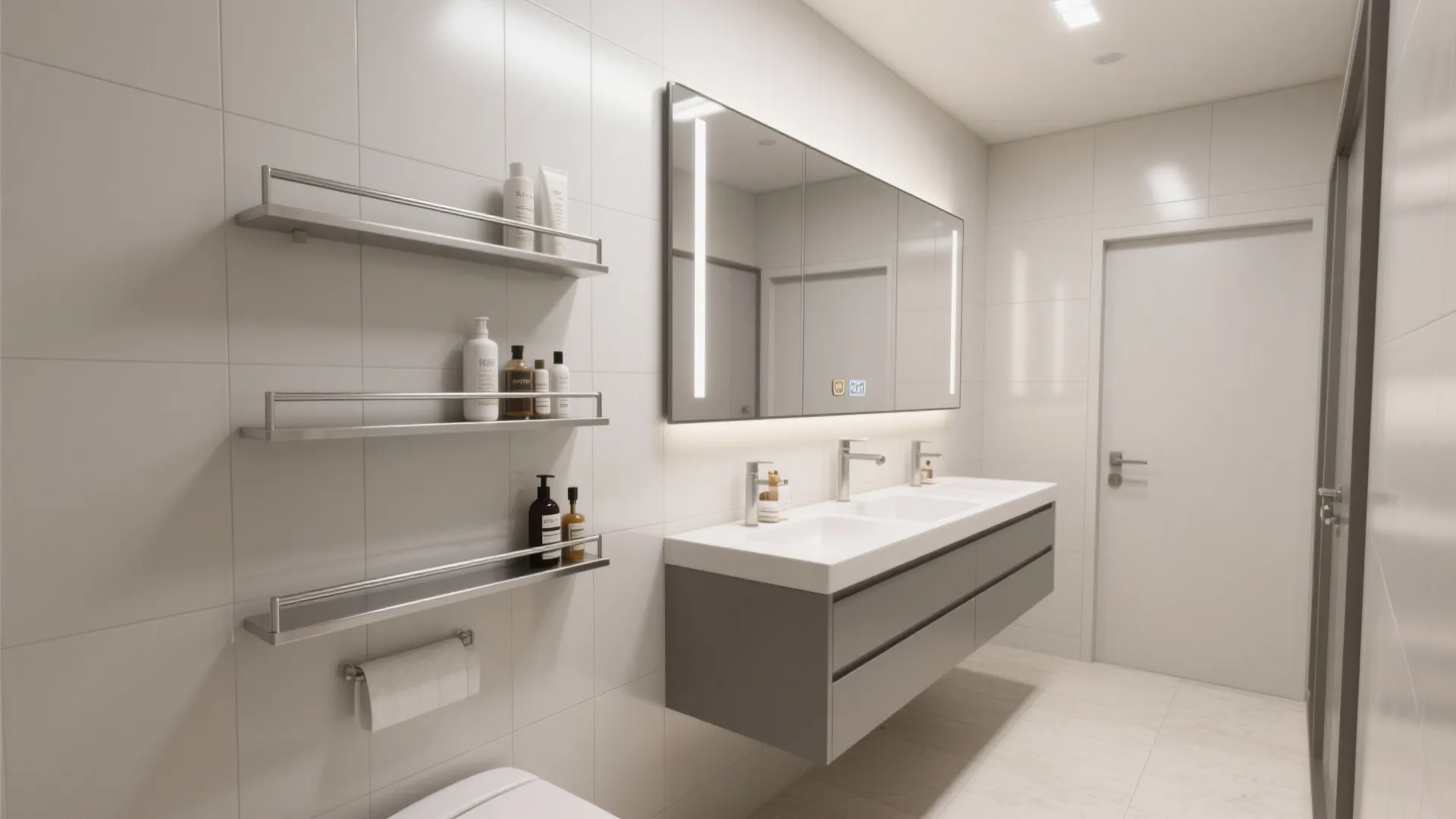 White bathroom with double sink cabinet large mirror and silver wall shelves holding various bottles