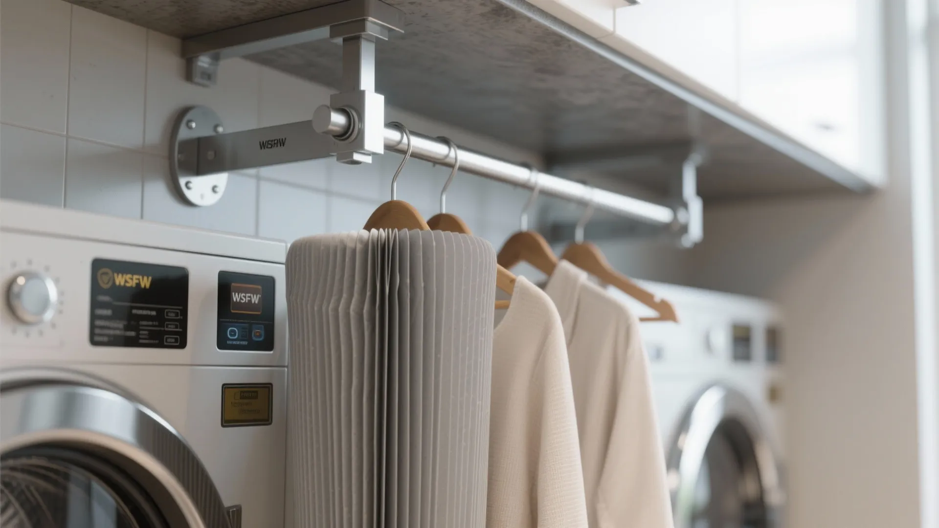 Metal wall light fixture holding wooden hangers with clothes above a modern front load washing machine