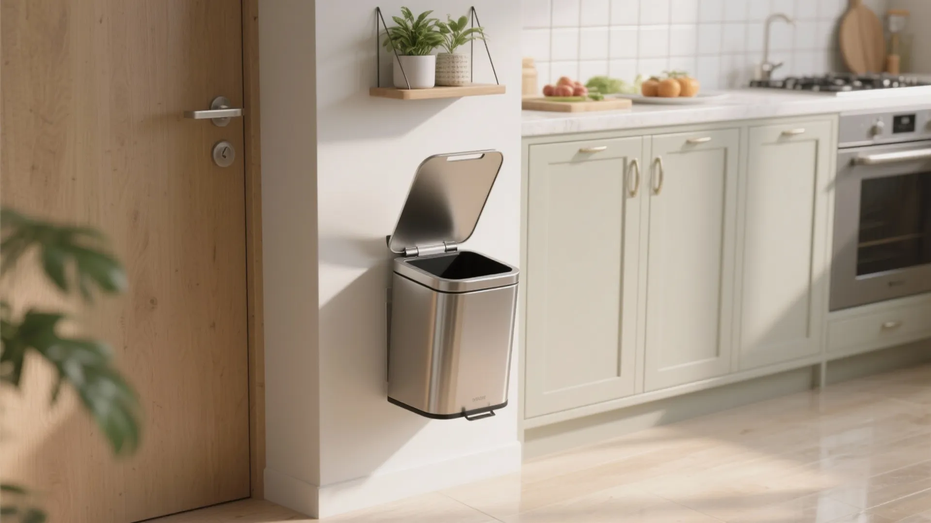 Stainless steel wall mounted trash can with open lid inside modern kitchen with green cabinets