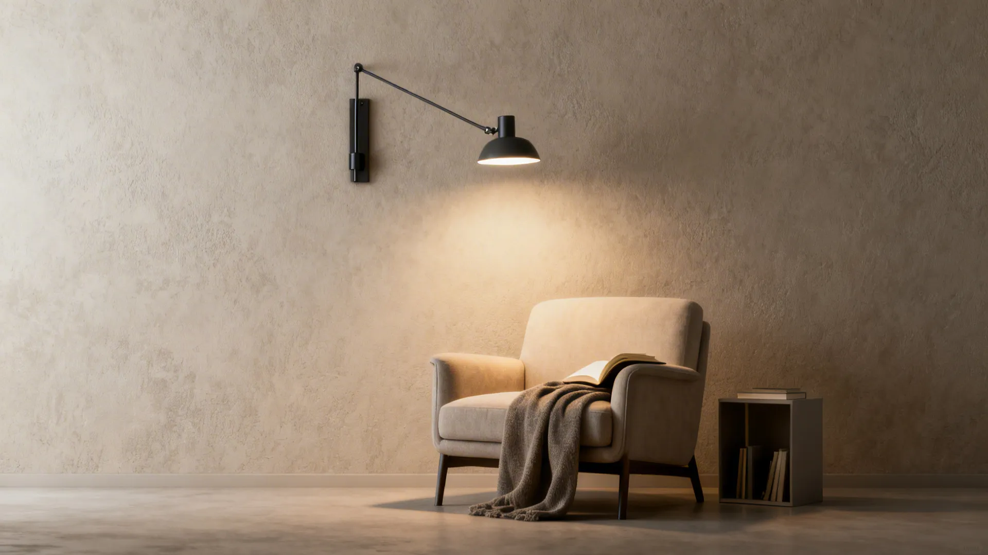 Wall-mounted swing arm lamp positioned over a reading chair in a small living room