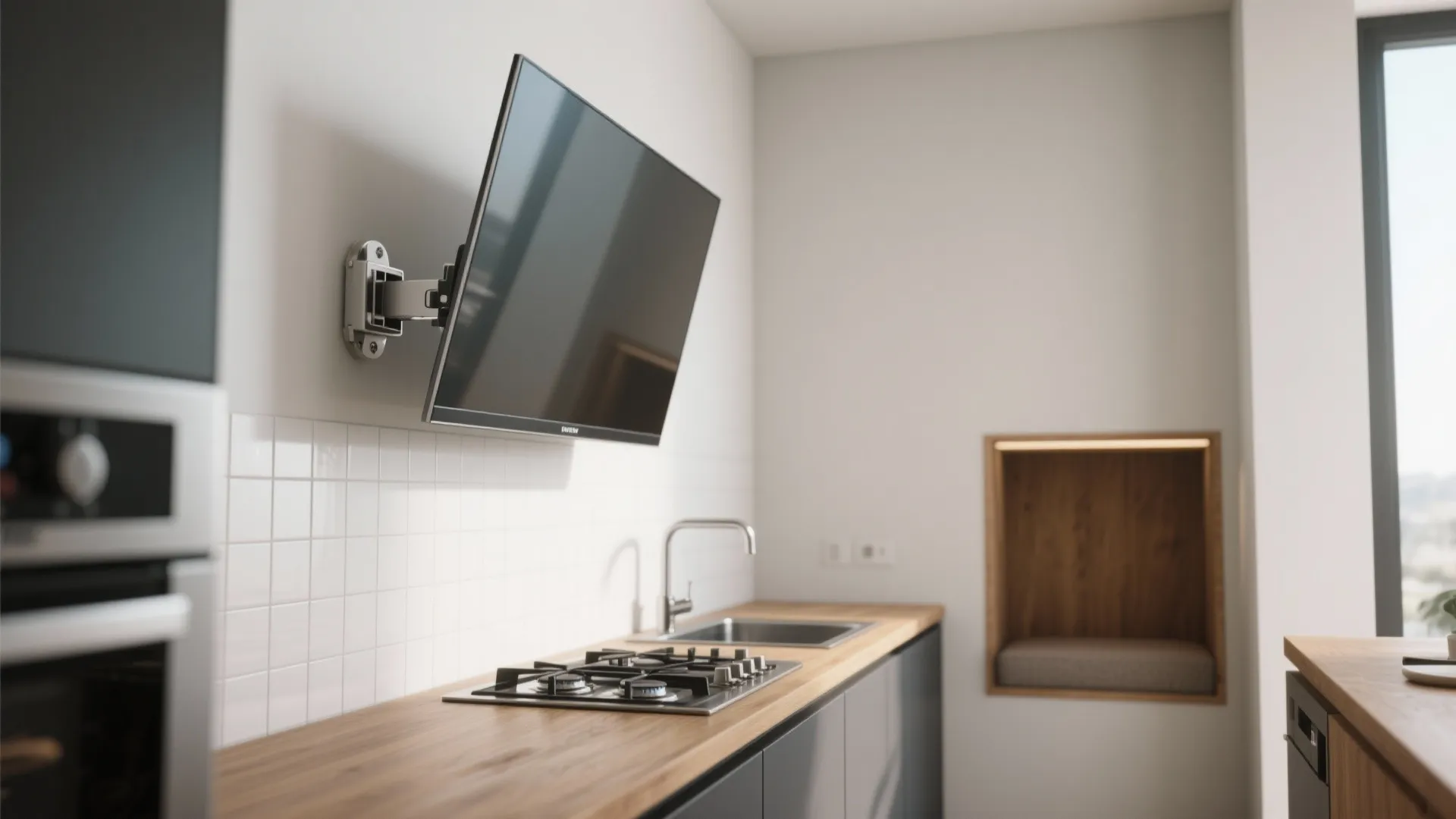 Thin LED TV on a swivel arm mounted above a kitchen counter, angled away from the stove and sink.