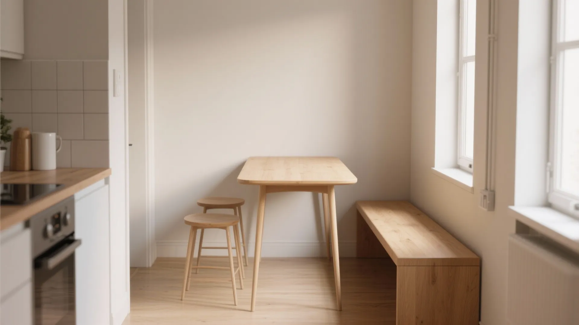 Minimalist kitchen dining space featuring light wood table two stools wooden bench and white walls