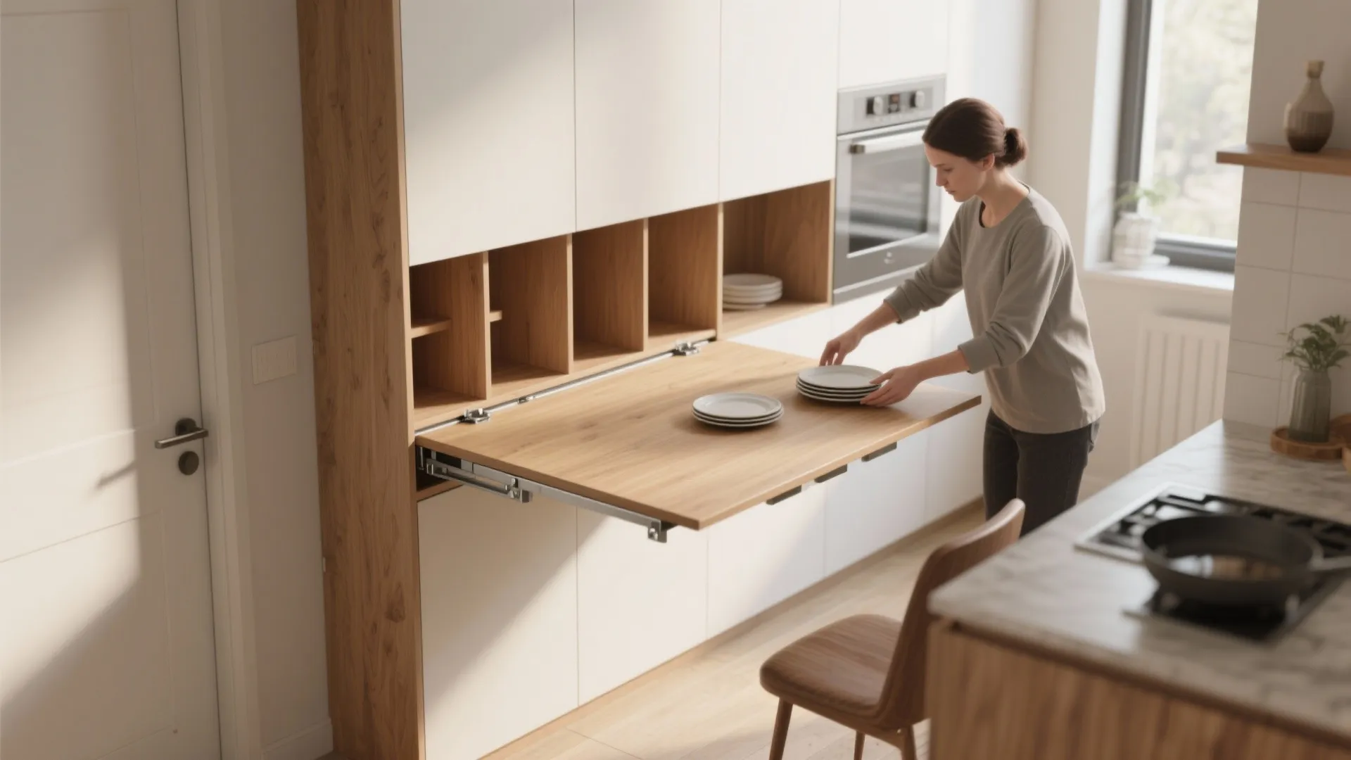 1. Wall-Mounted Folding Tables with Hidden Storage