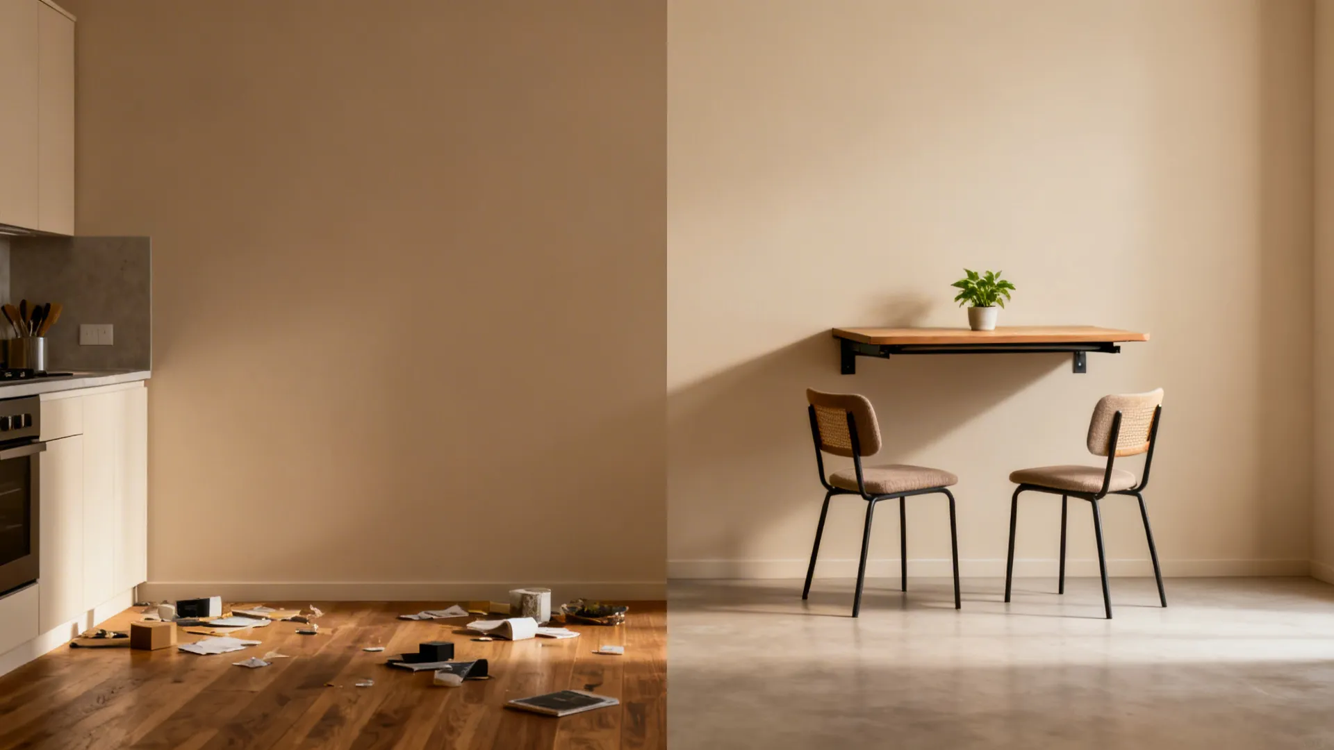 Before-and-after of a tiny kitchen wall transformed by a flip-up table and chairs.