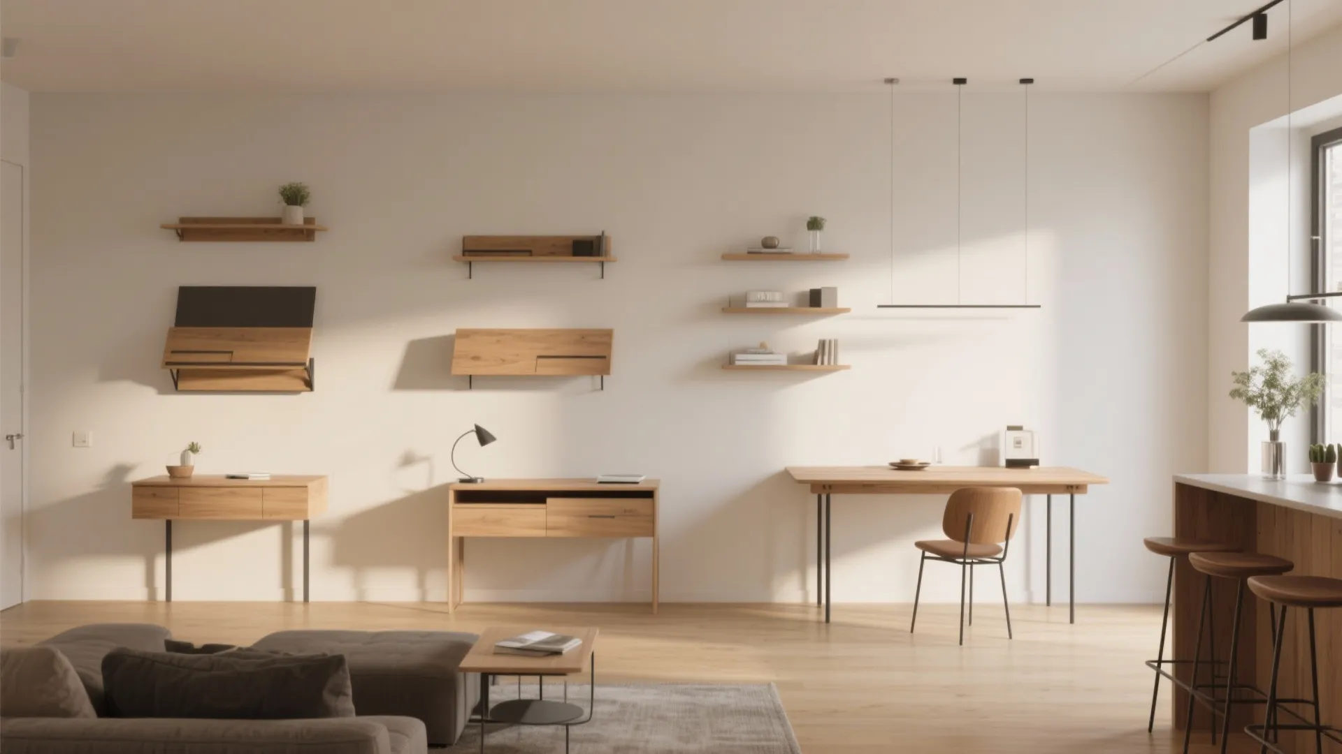 Minimalist living room showing wooden wall desks shelves chair sofa and clean white wall design