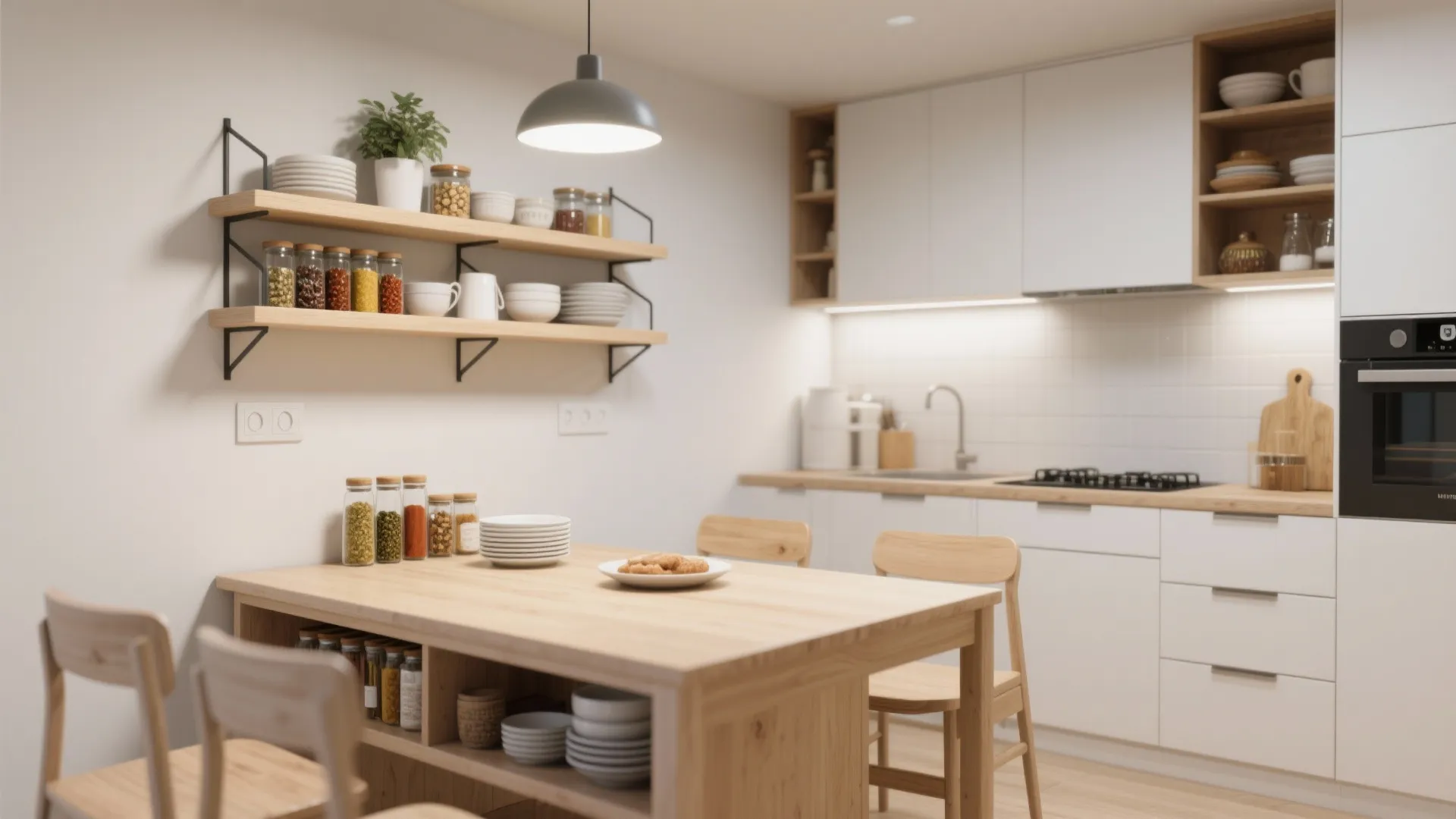Modern white kitchen with wooden island table, open wall shelves, spice jars, and ceiling light