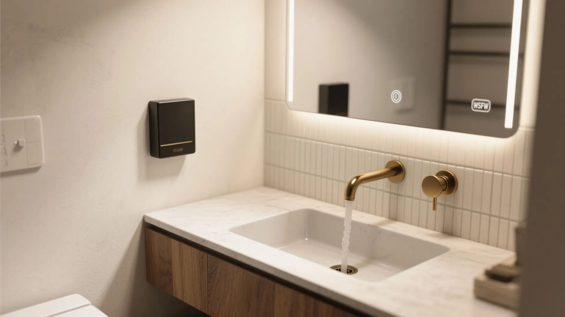 Gold wall mounted tap with water running into white sink and marble countertop in bathroom