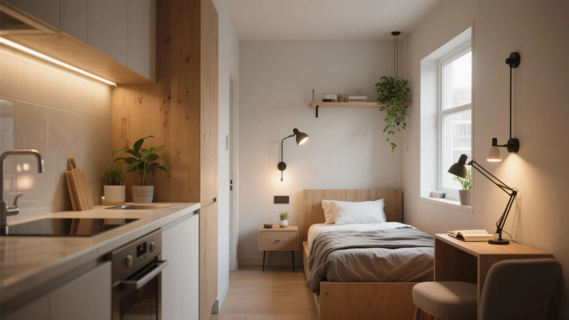 Small studio apartment layout with kitchen area wooden bed single desk and multiple warm light fixtures