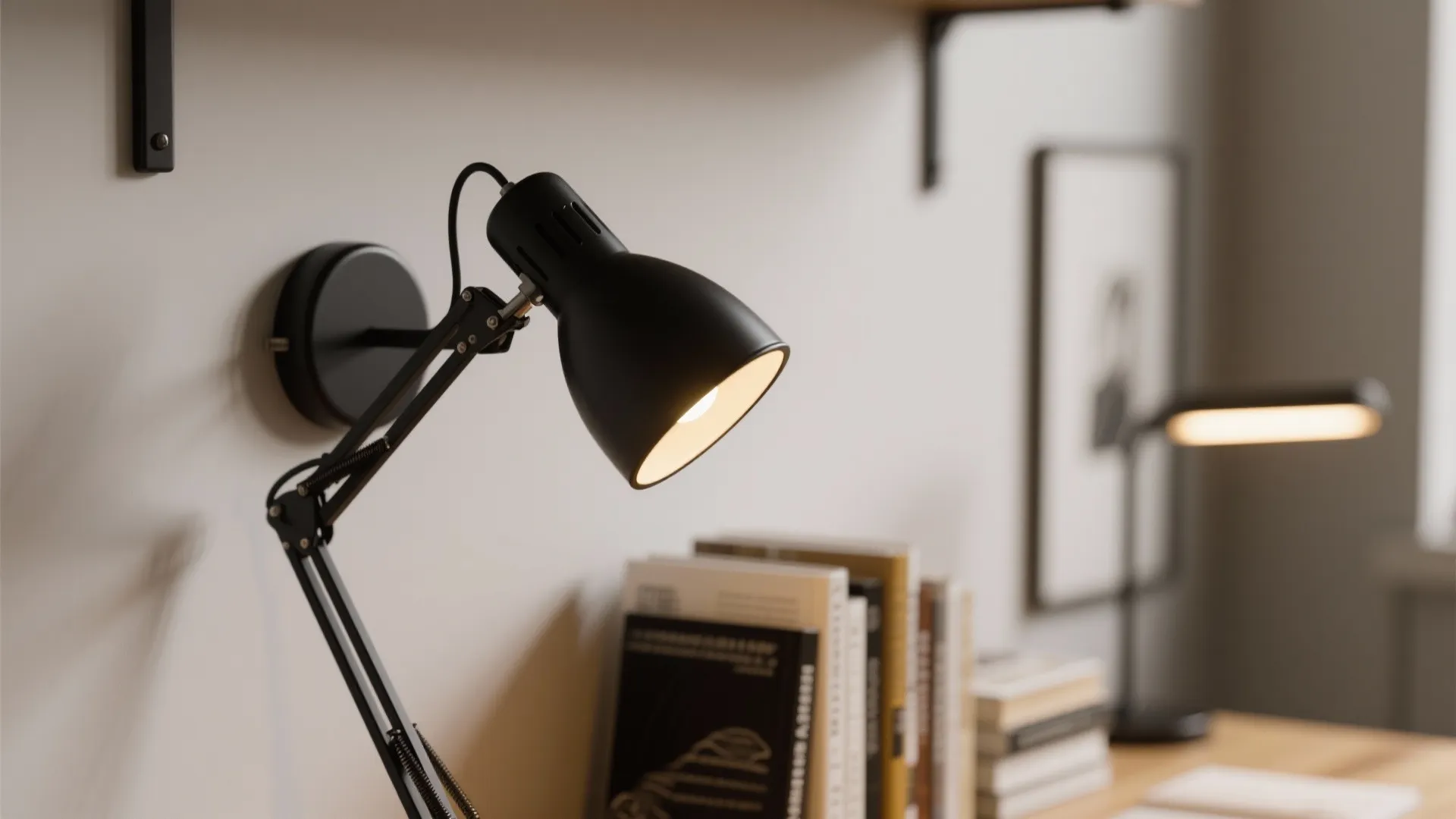 Black wall light fixture shining on a stack of books with blurred background desk elements