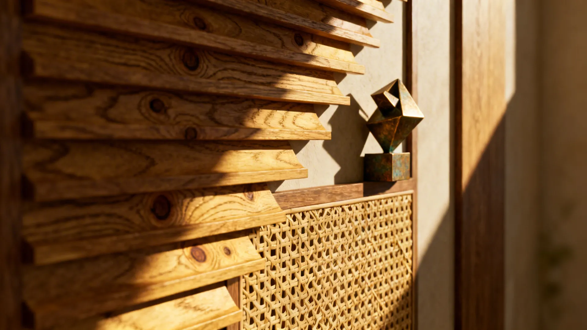 Layered wooden fins and woven panel on a wall with dramatic shadow detail