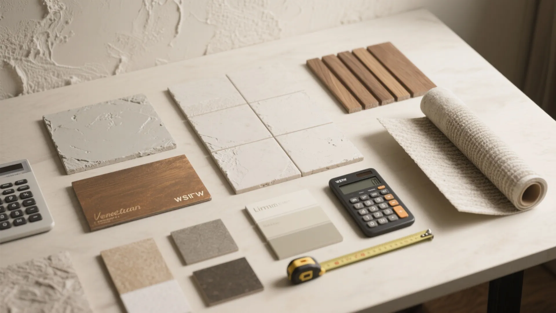 Interior design material samples with tiles, wood pieces, fabric roll, calculator, and yellow tape measure