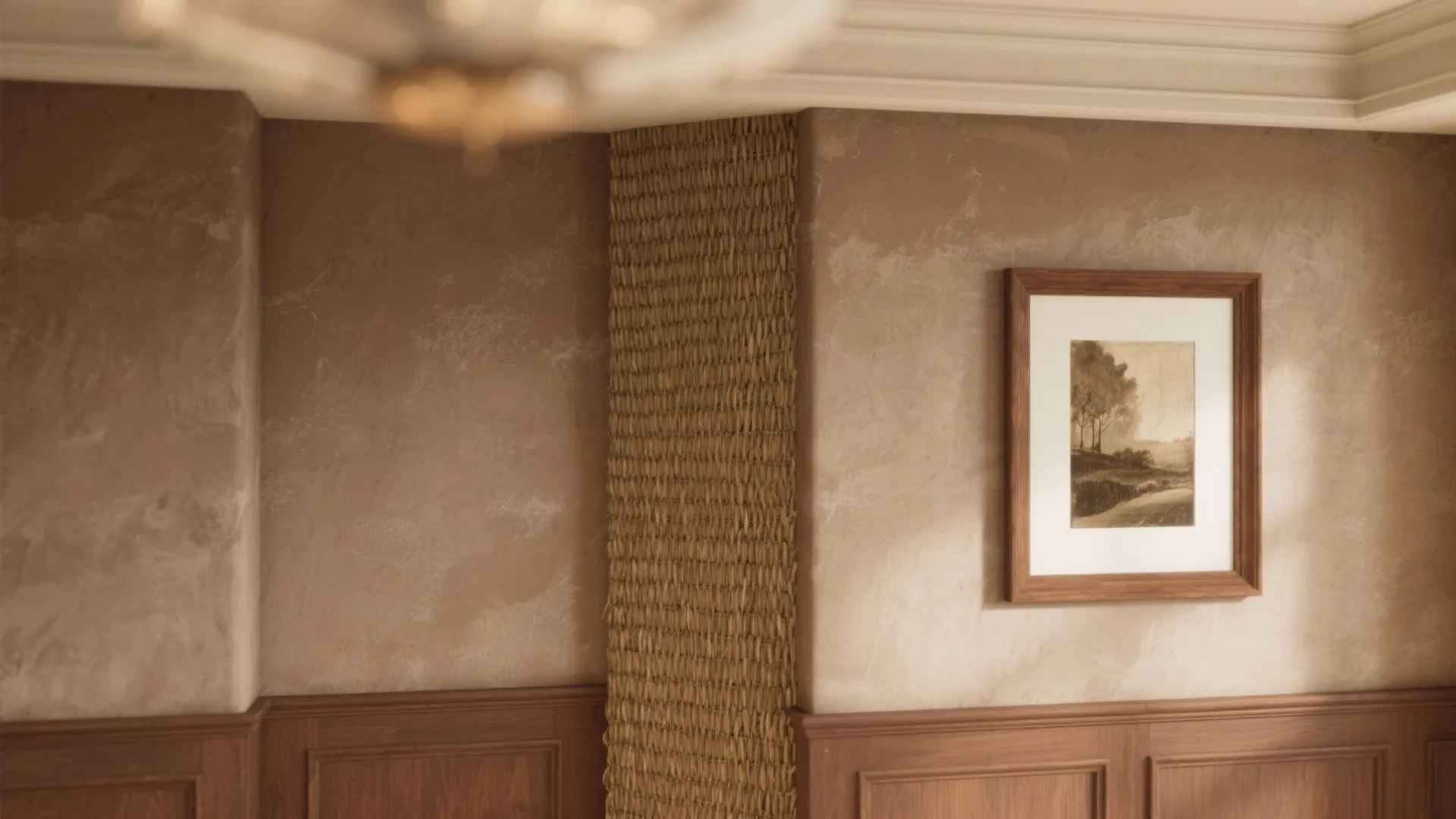 Textured beige wall with wood wall panel framed art and a woven vertical decor element
