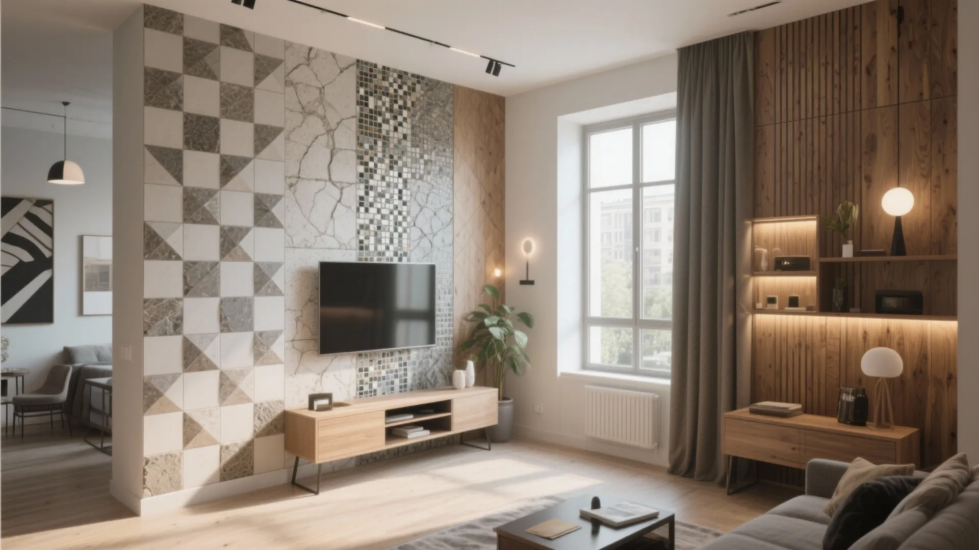 Modern living room with mosaic wall tiles, wooden cabinet, television, large window, and grey sofa