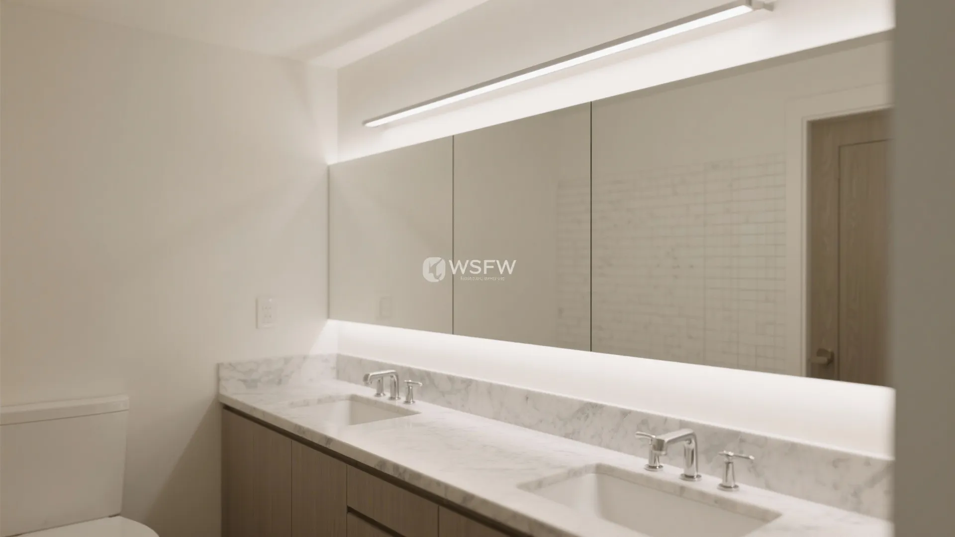 Double bathroom sinks with marble countertop, large wall mirrors, and long ceiling light fixture above