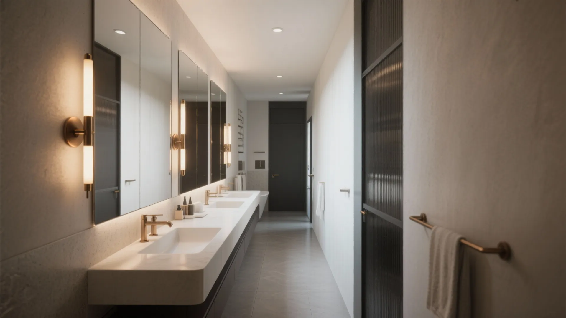 Full-height or wall-to-wall mirror with layered sconces