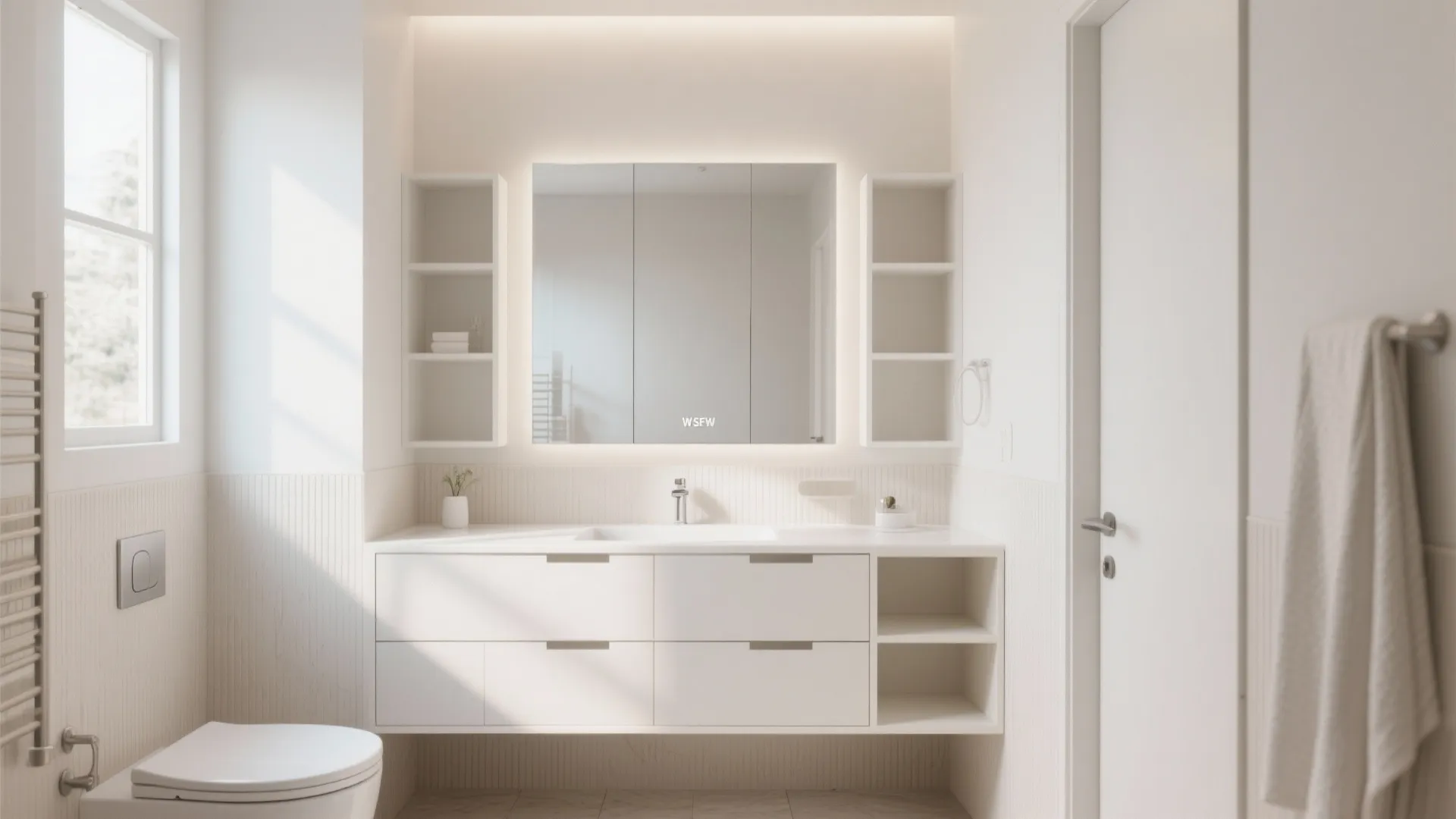 Minimalist white bathroom showing large wall cabinet with lighted mirror open shelves and white wall panel