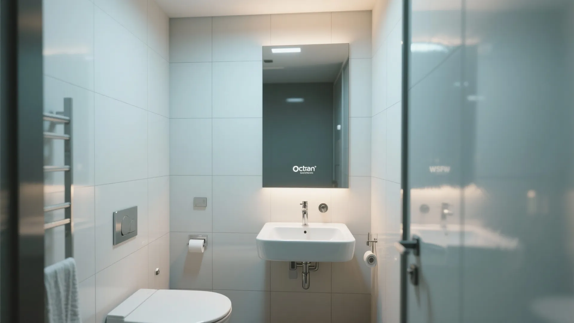 Small white bathroom with a wall hung sink and a tall mirror with warm light