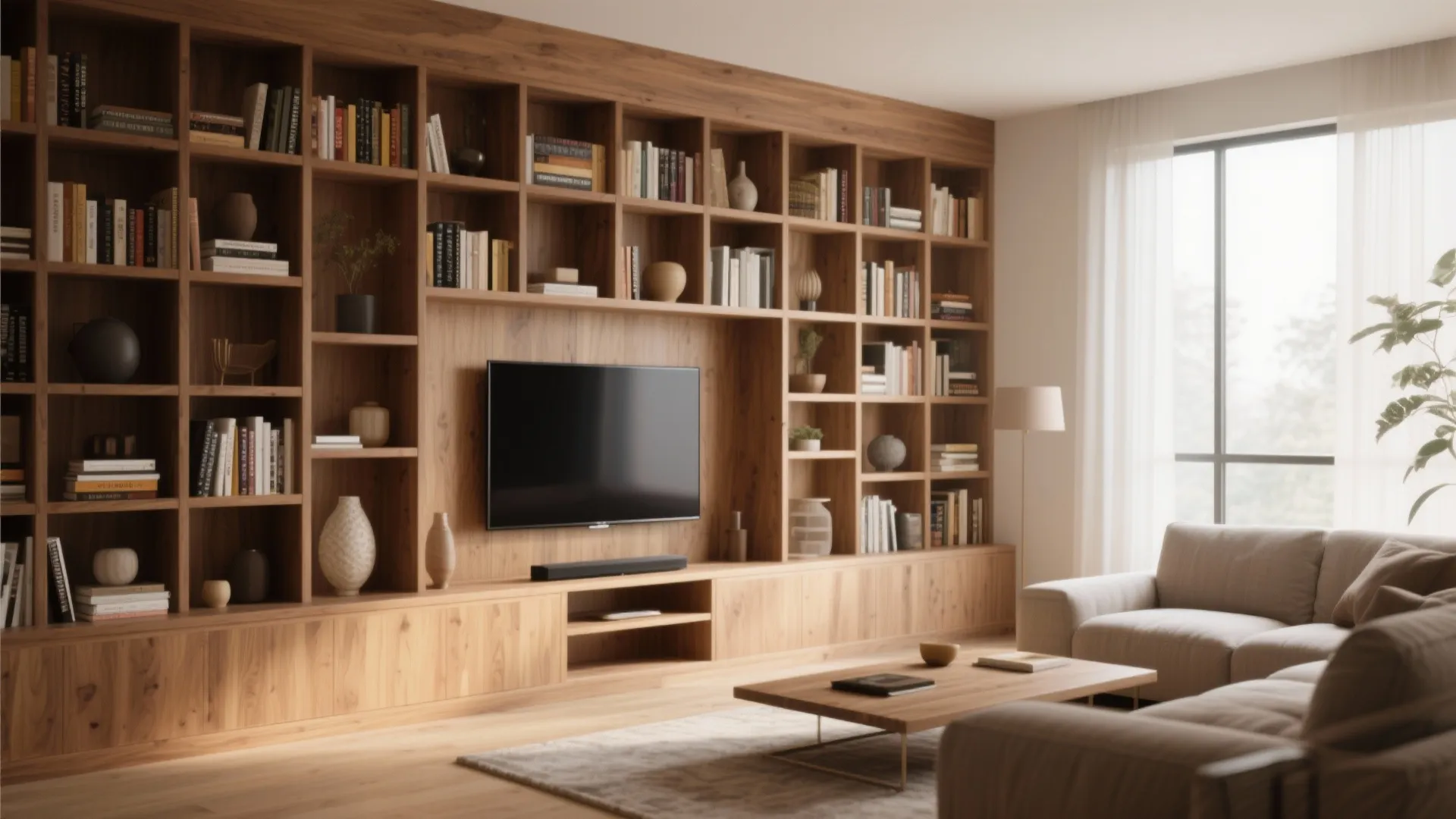 Wall-to-wall built-in bookcase framing a TV in a cozy living room