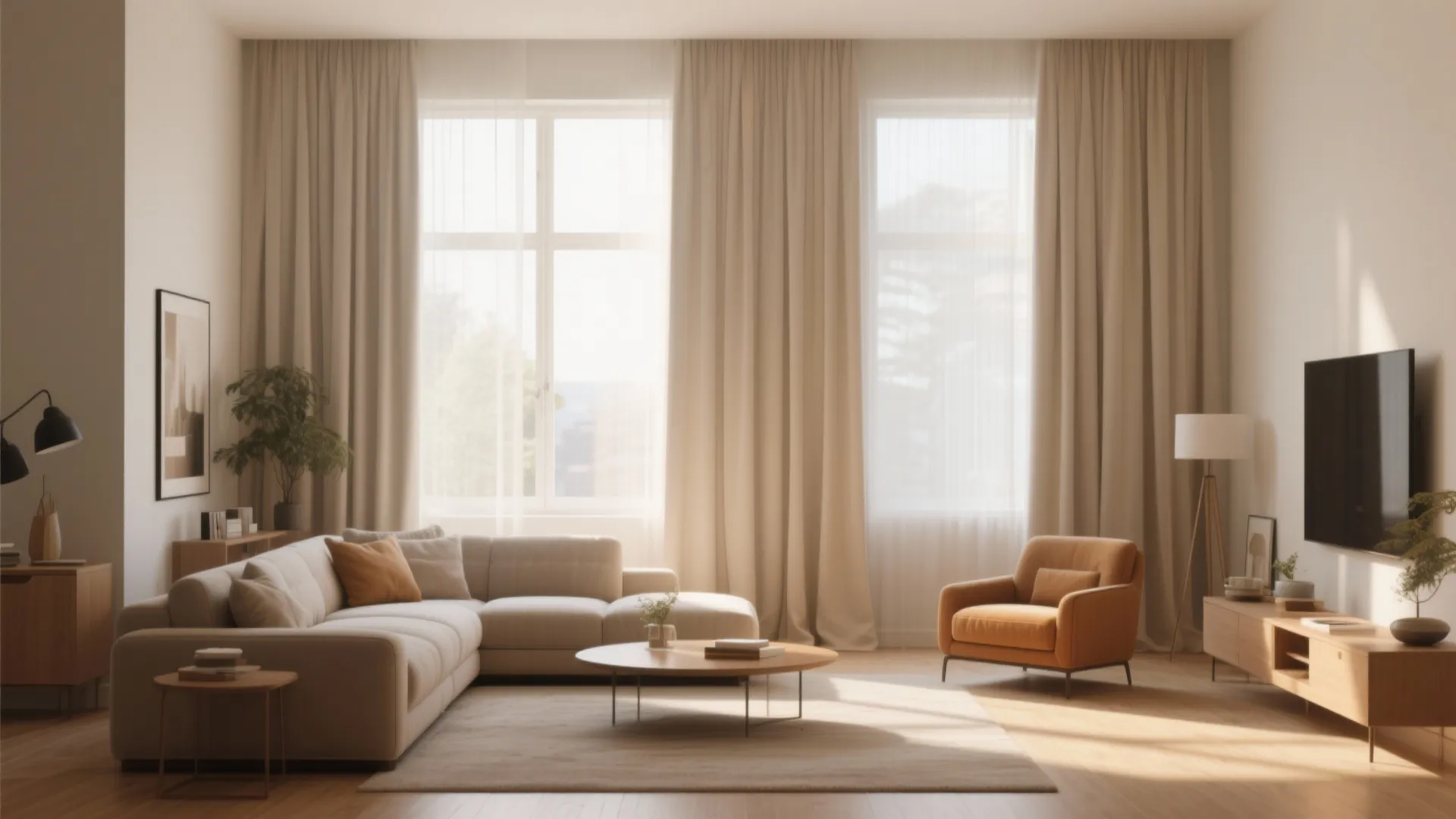 Warm living room featuring long beige curtain, large sofa, orange armchair, and round coffee table