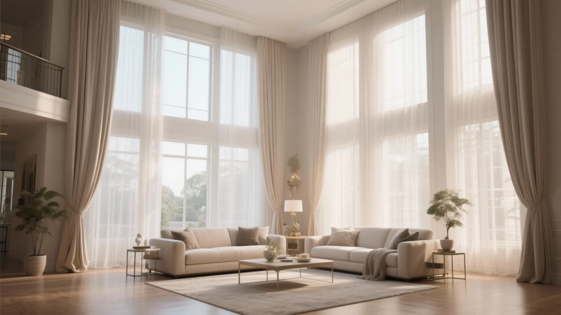 Luxury living room with tall windows long beige curtains two sofas and a coffee table