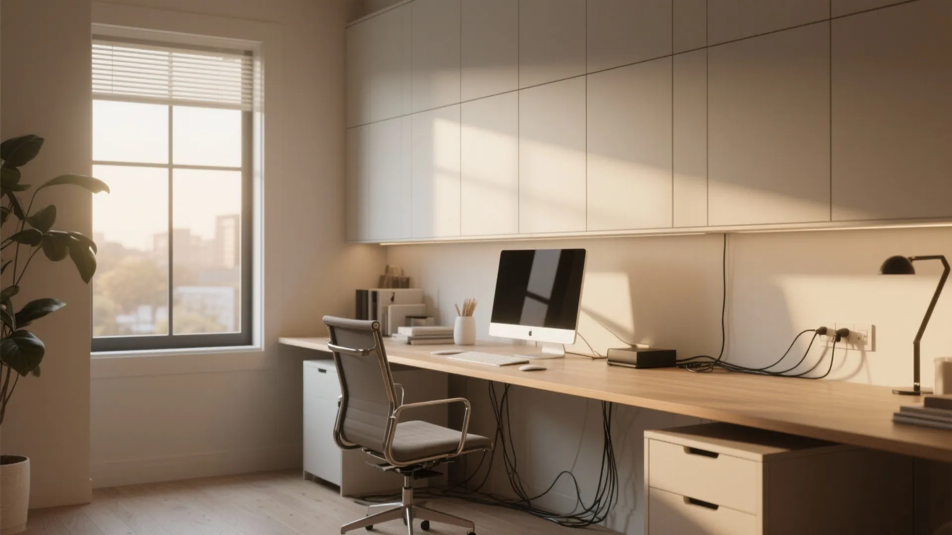 Long wooden desk along a wall with white cabinets a computer chair and natural sunlight