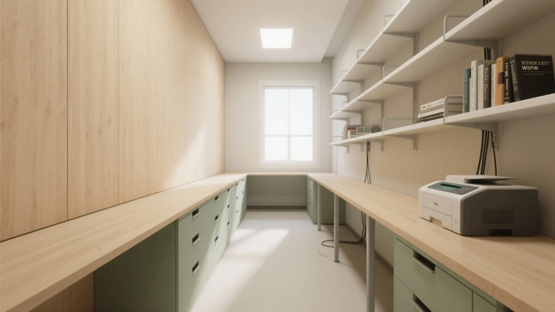 2) Wall-to-wall desk with hidden storage