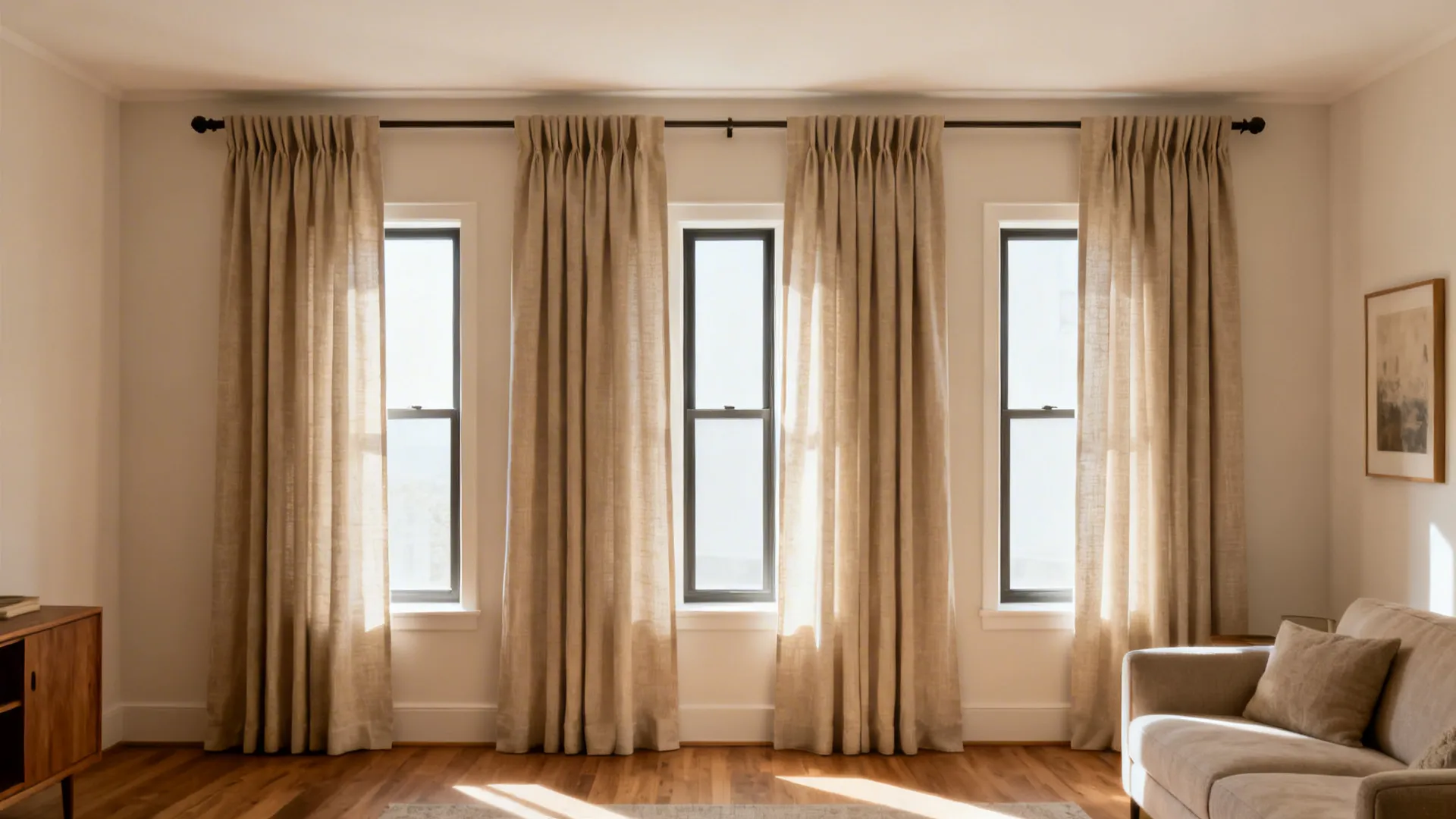 Full-height wall-to-wall linen drapery unifies three narrow living room windows.