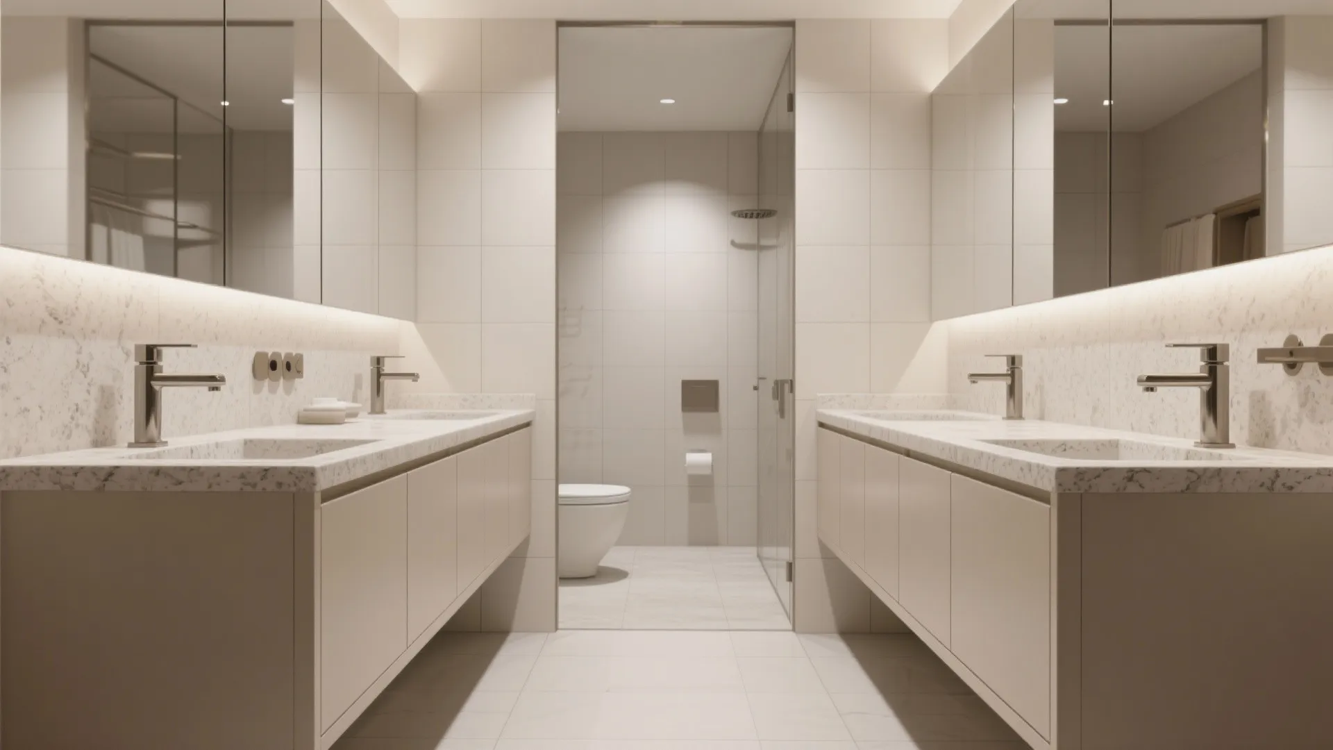 Bright minimalist bathroom featuring two separate sink units large mirrors white tiles and glass shower door
