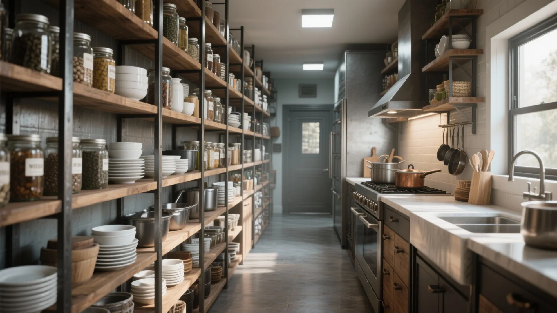 Long walk-in kitchen pantry with wooden wall shelves holding many glass jars and white plates