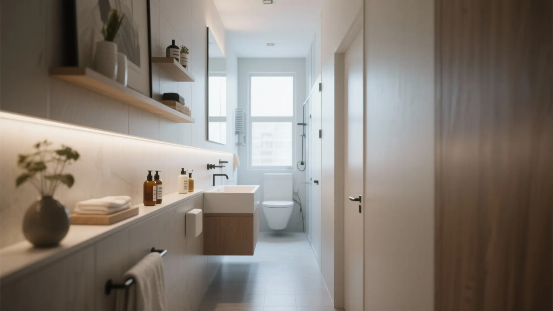 Modern narrow bathroom with white walls wooden sink cabinet toilet window and long wall ledge
